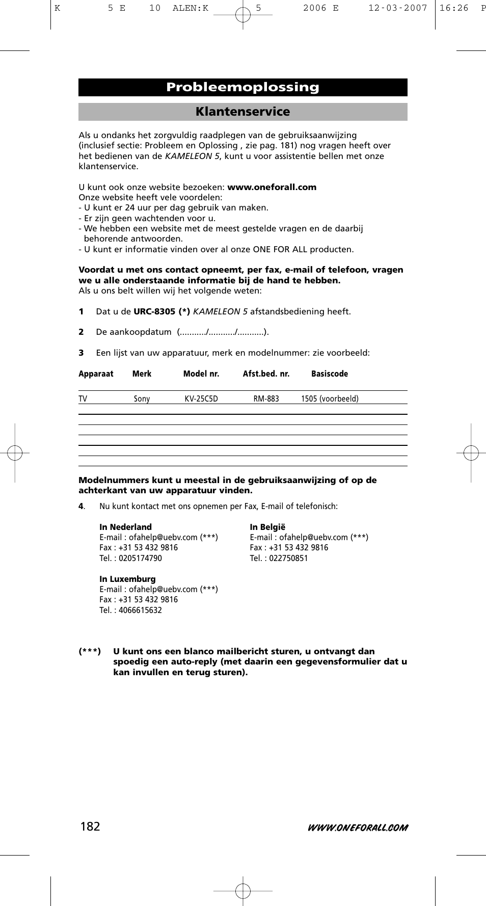 Klantenservice, Probleemoplossing | One for All KAMELEON 5 User Manual | Page 183 / 293