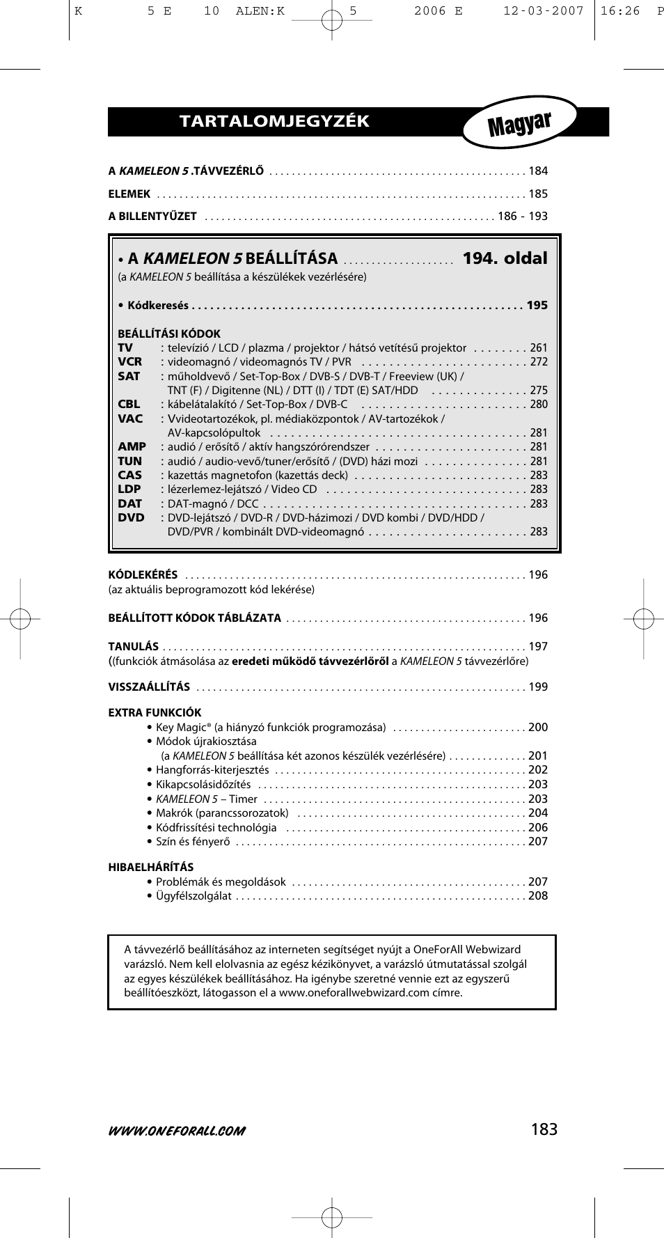 Magyar, Akameleon 5 beállítása, Oldal | Tartalomjegyzék | One for All KAMELEON 5 User Manual | Page 184 / 293