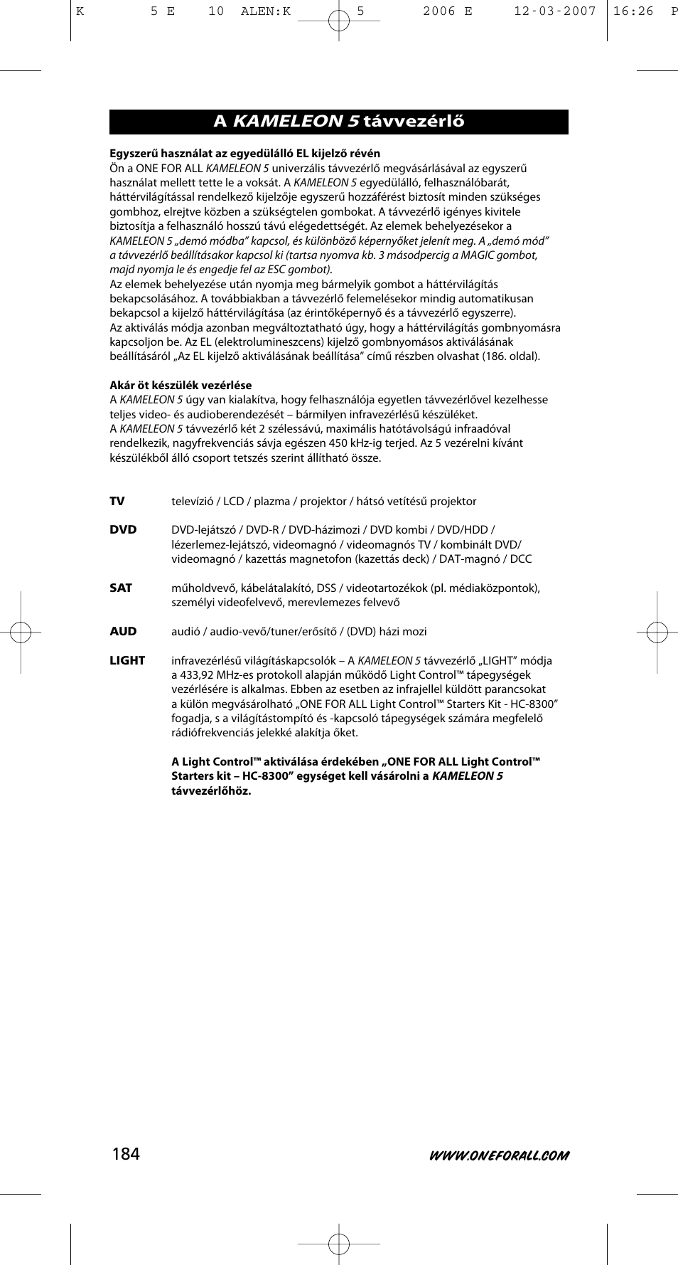 Kameleon 5, Távvezérlő | One for All KAMELEON 5 User Manual | Page 185 / 293