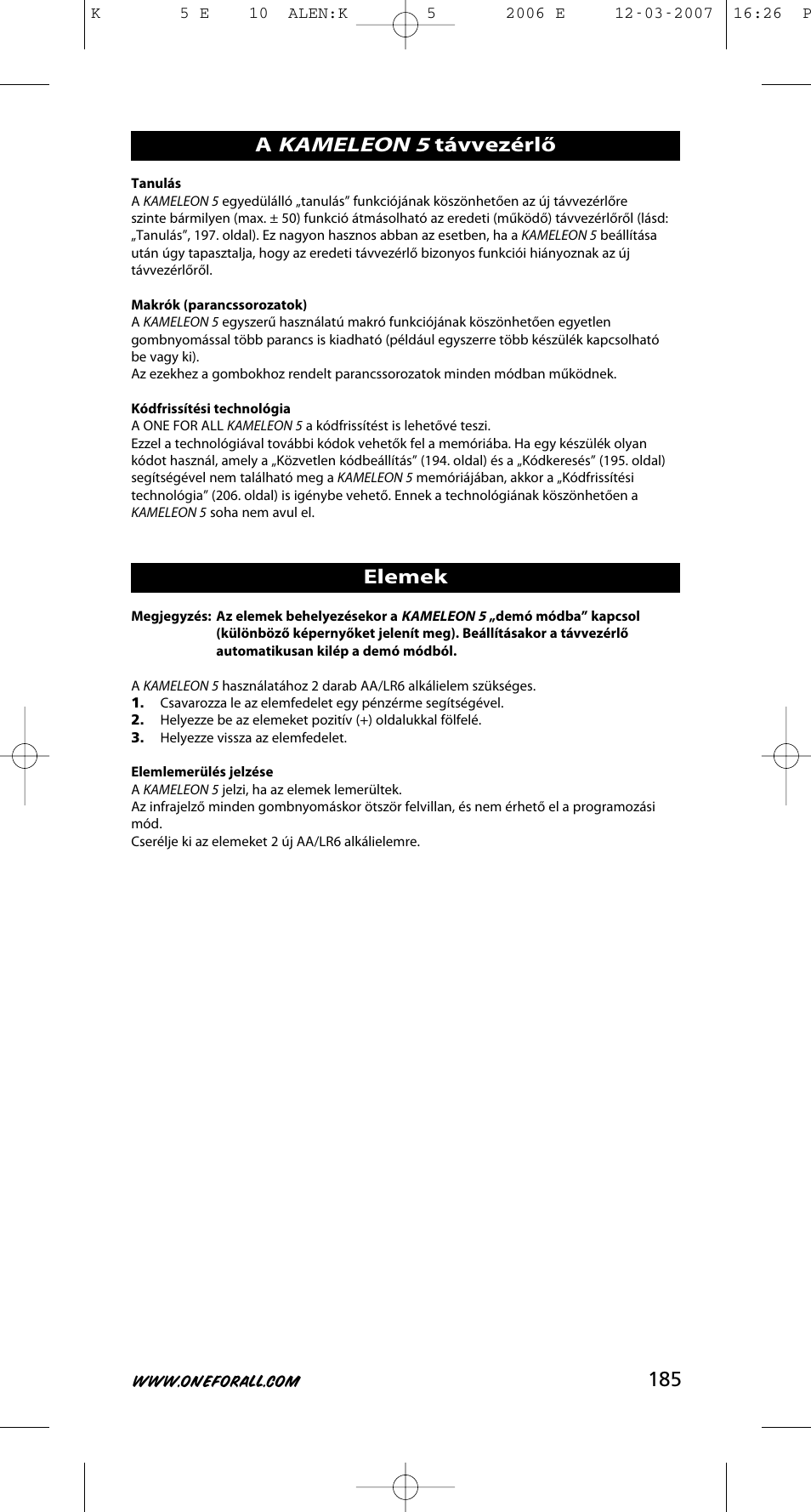 Kameleon 5, Távvezérlő elemek | One for All KAMELEON 5 User Manual | Page 186 / 293