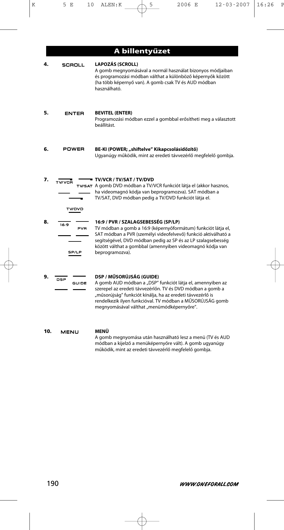 A billentyűzet | One for All KAMELEON 5 User Manual | Page 191 / 293