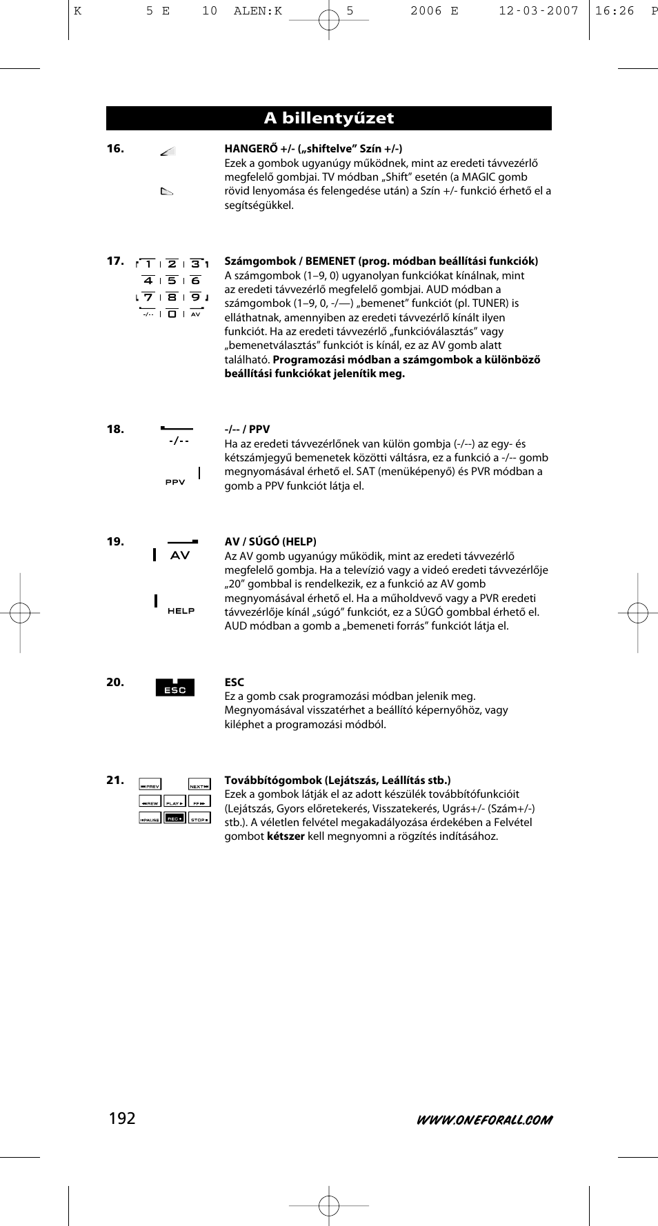 A billentyűzet | One for All KAMELEON 5 User Manual | Page 193 / 293