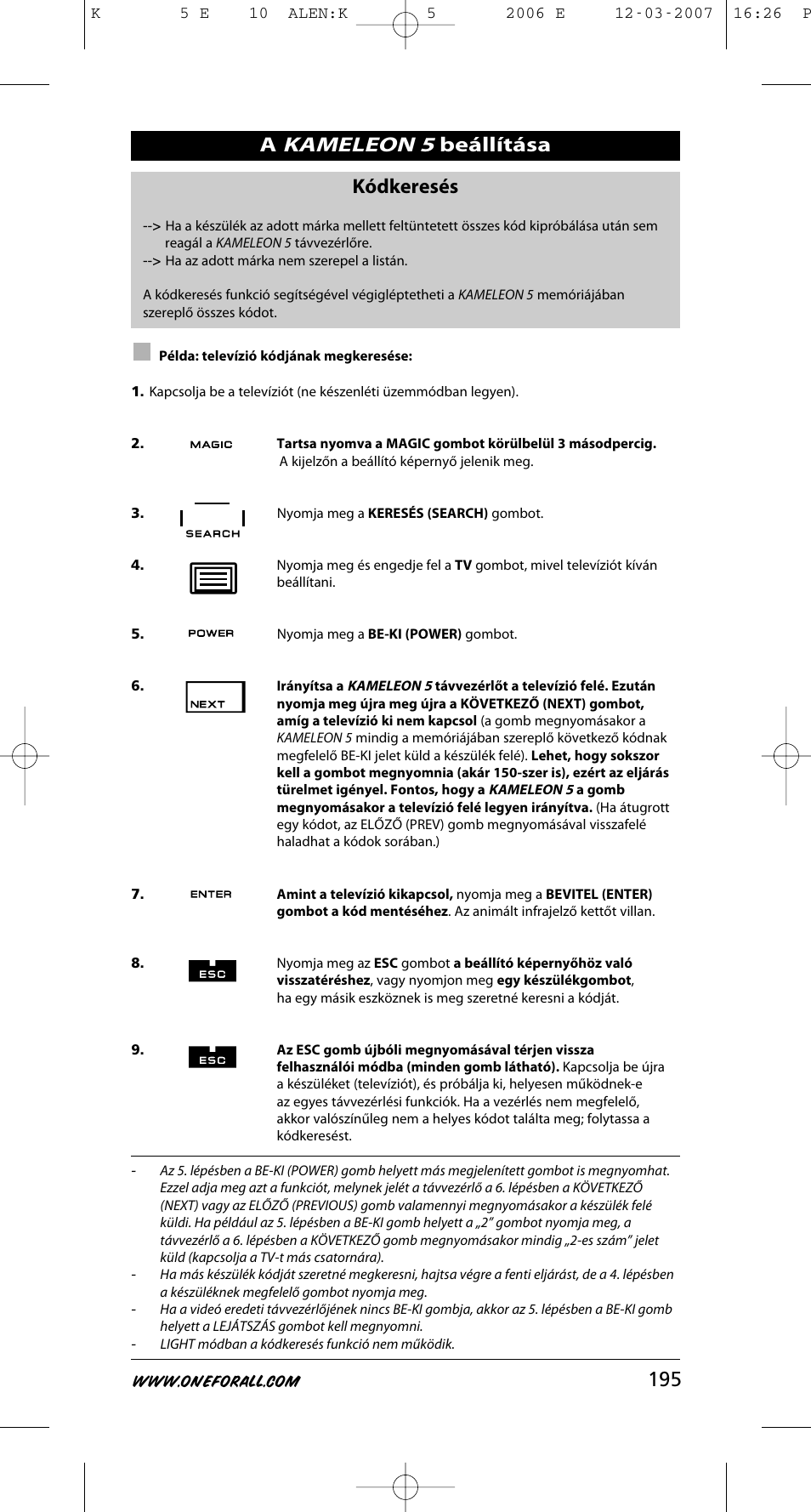 Kameleon 5, 195 kódkeresés, Beállítása | One for All KAMELEON 5 User Manual | Page 196 / 293