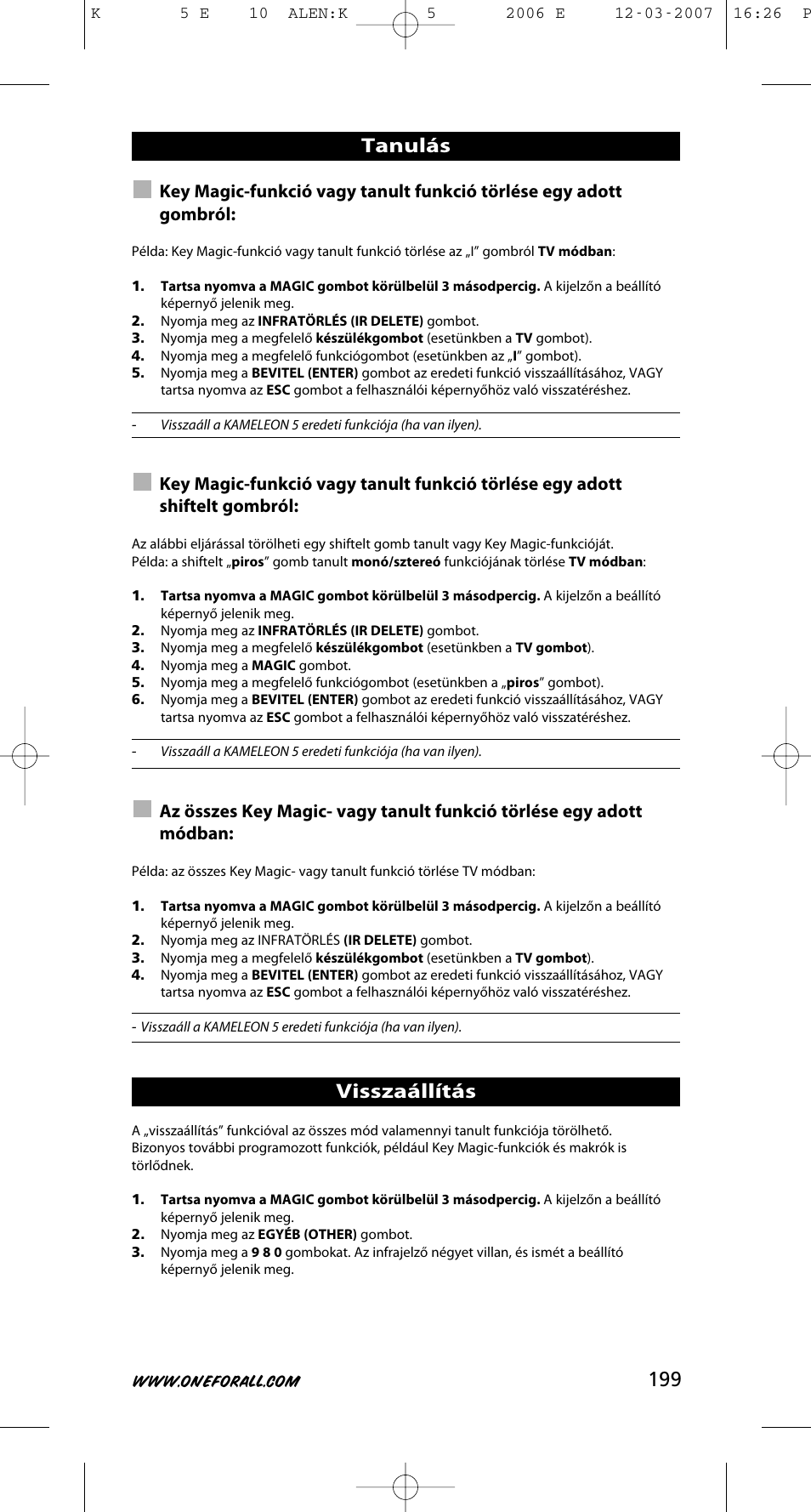 Tanulás visszaállítás | One for All KAMELEON 5 User Manual | Page 200 / 293