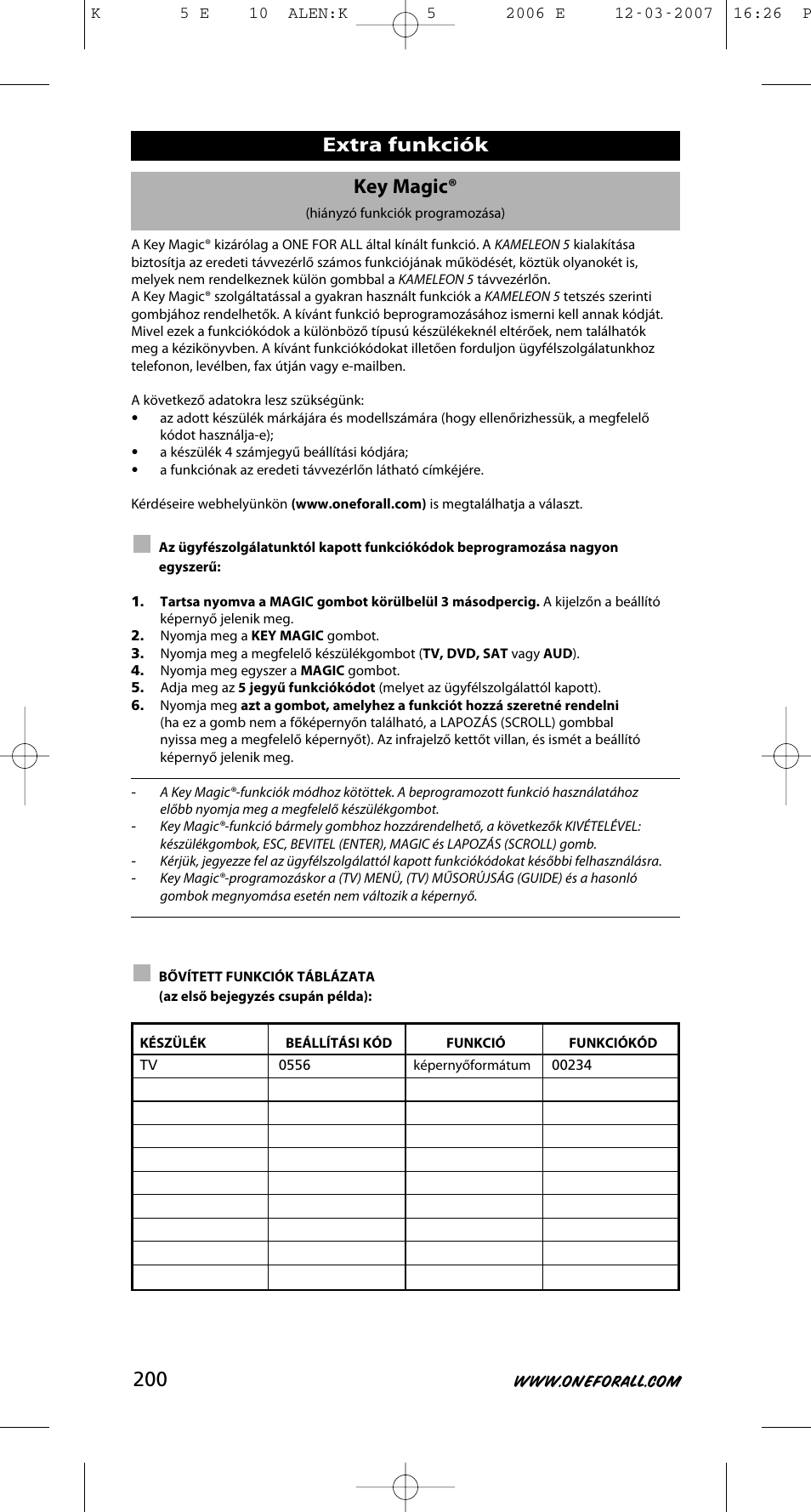 Key magic, Extra funkciók | One for All KAMELEON 5 User Manual | Page 201 / 293