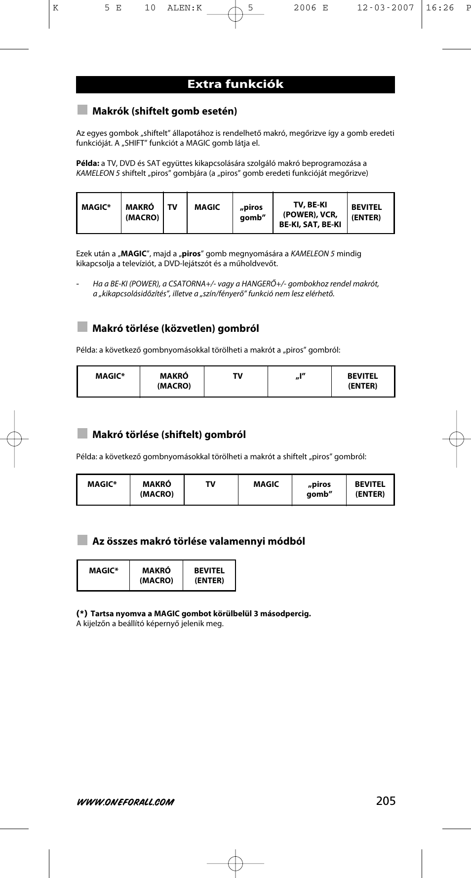 Extra funkciók, Makrók (shiftelt gomb esetén), Makró törlése (közvetlen) gombról | Makró törlése (shiftelt) gombról, Az összes makró törlése valamennyi módból | One for All KAMELEON 5 User Manual | Page 206 / 293