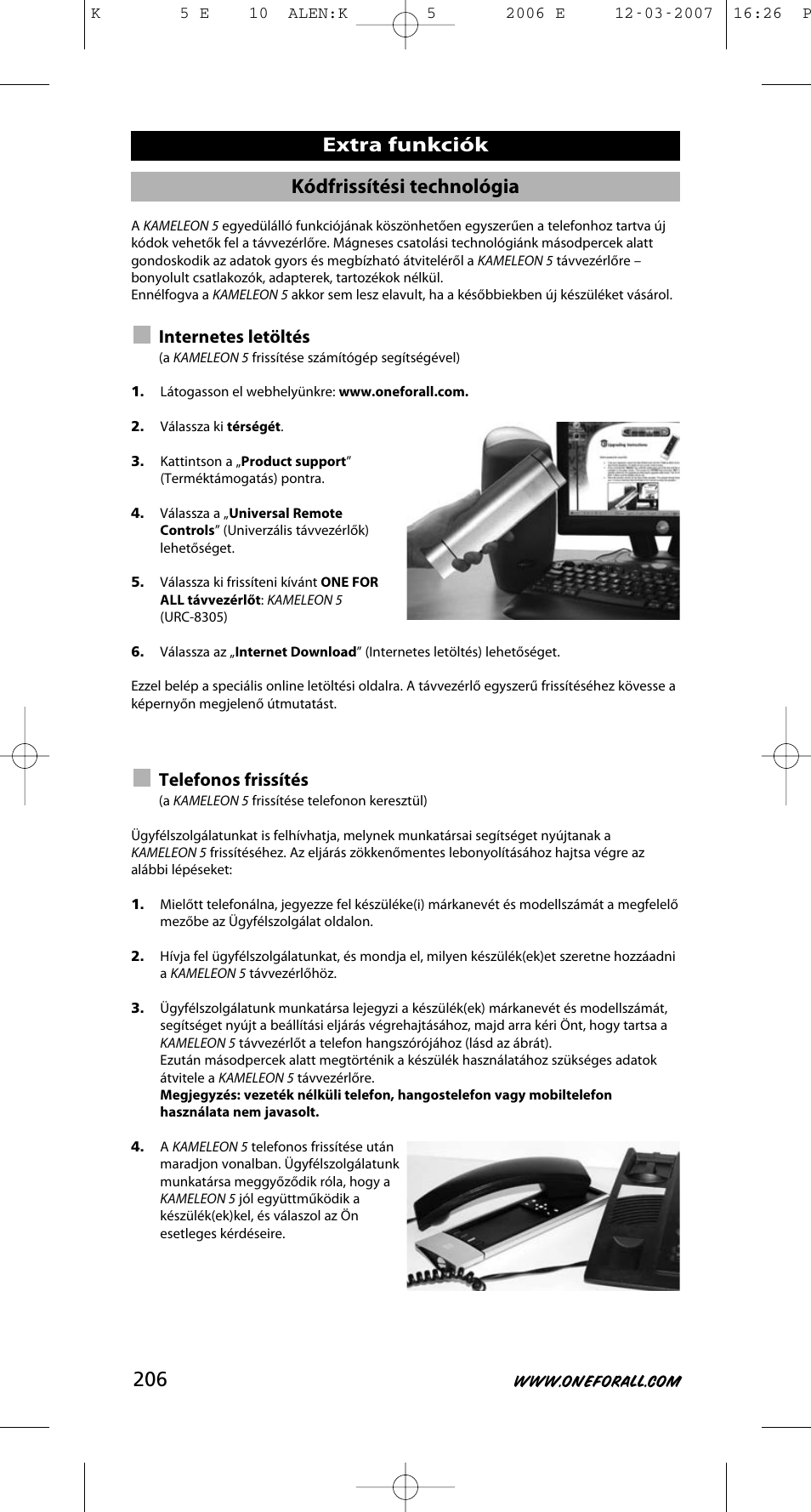 Kódfrissítési technológia, Extra funkciók, Internetes letöltés | Telefonos frissítés | One for All KAMELEON 5 User Manual | Page 207 / 293