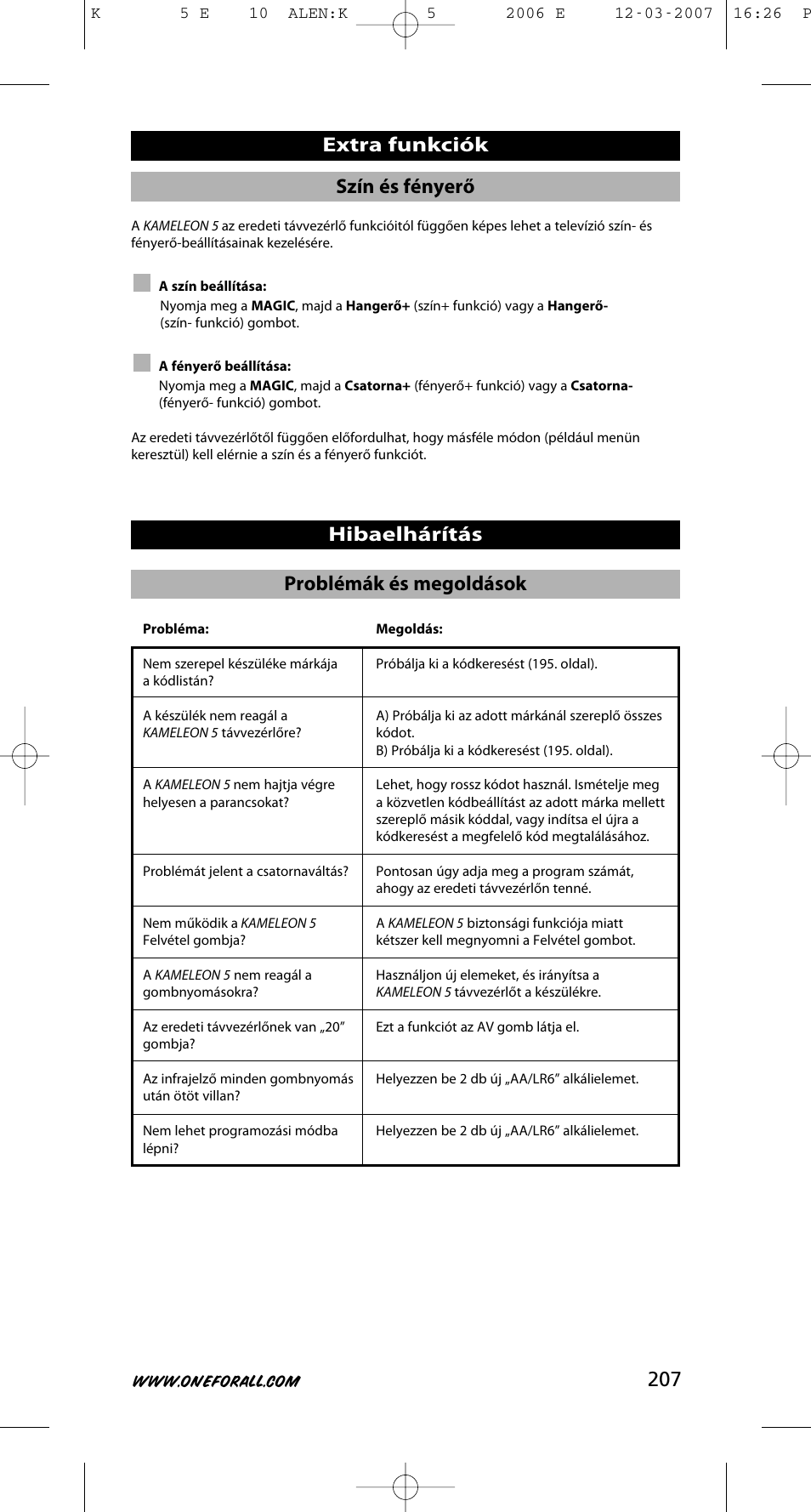 207 szín és fényerő | One for All KAMELEON 5 User Manual | Page 208 / 293