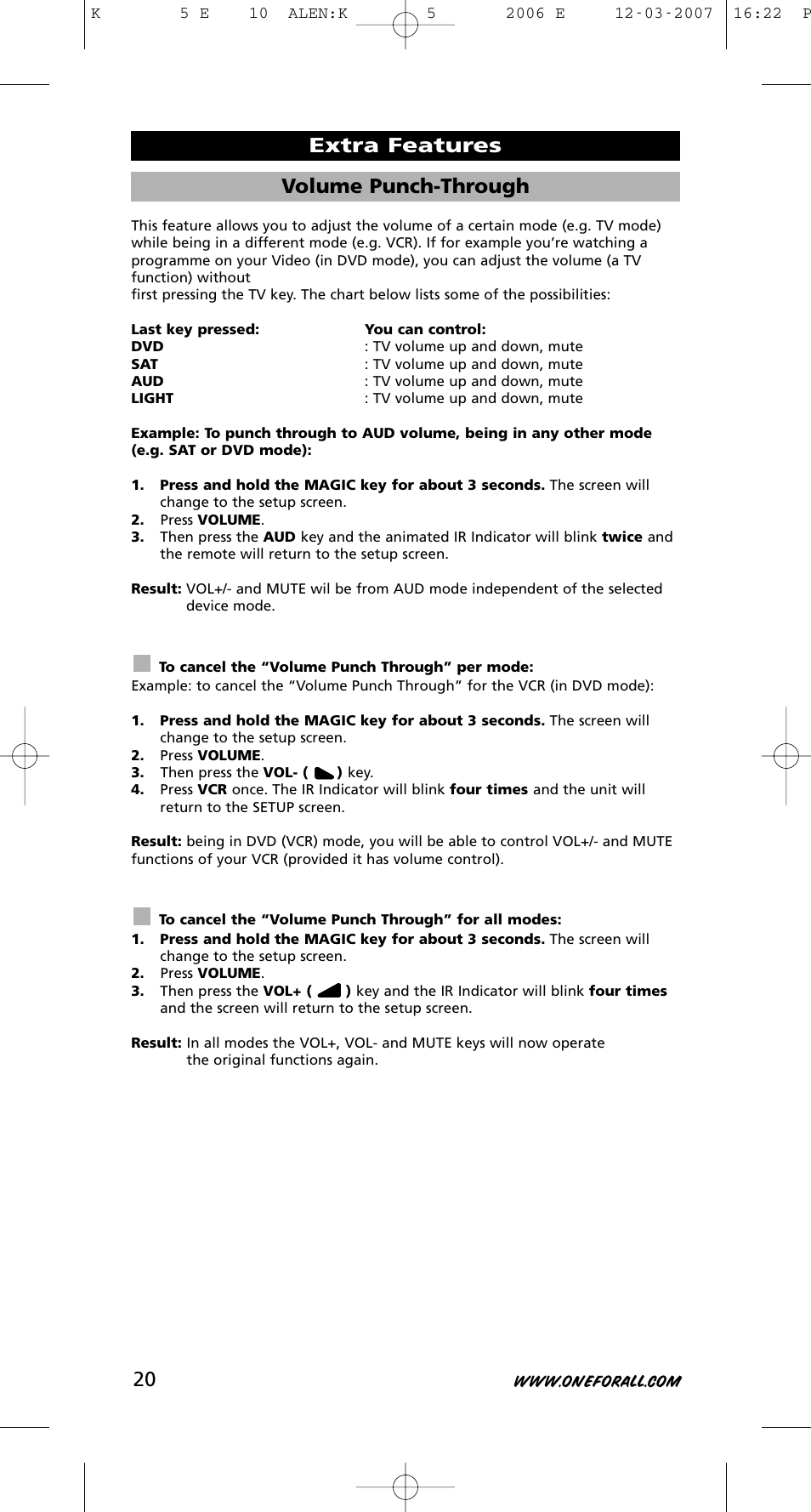 Volume punch-through, Extra features | One for All KAMELEON 5 User Manual | Page 21 / 293