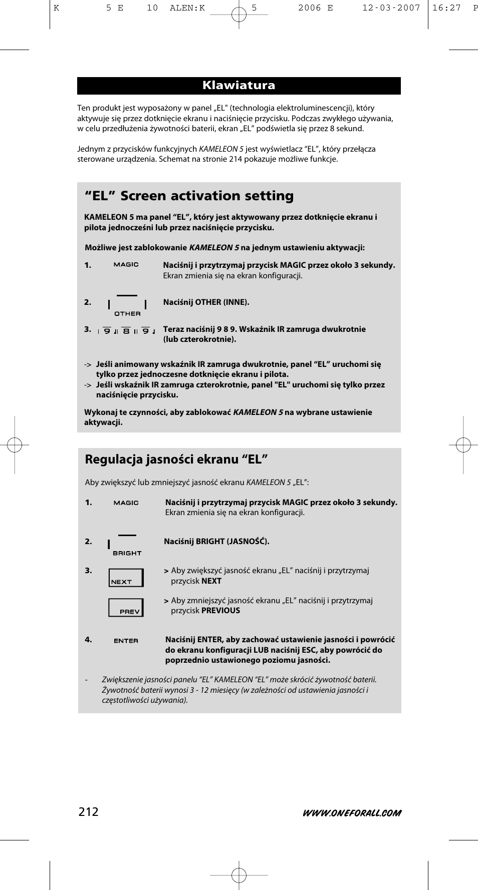 Regulacja jasności ekranu “el, El” screen activation setting, Klawiatura | One for All KAMELEON 5 User Manual | Page 213 / 293