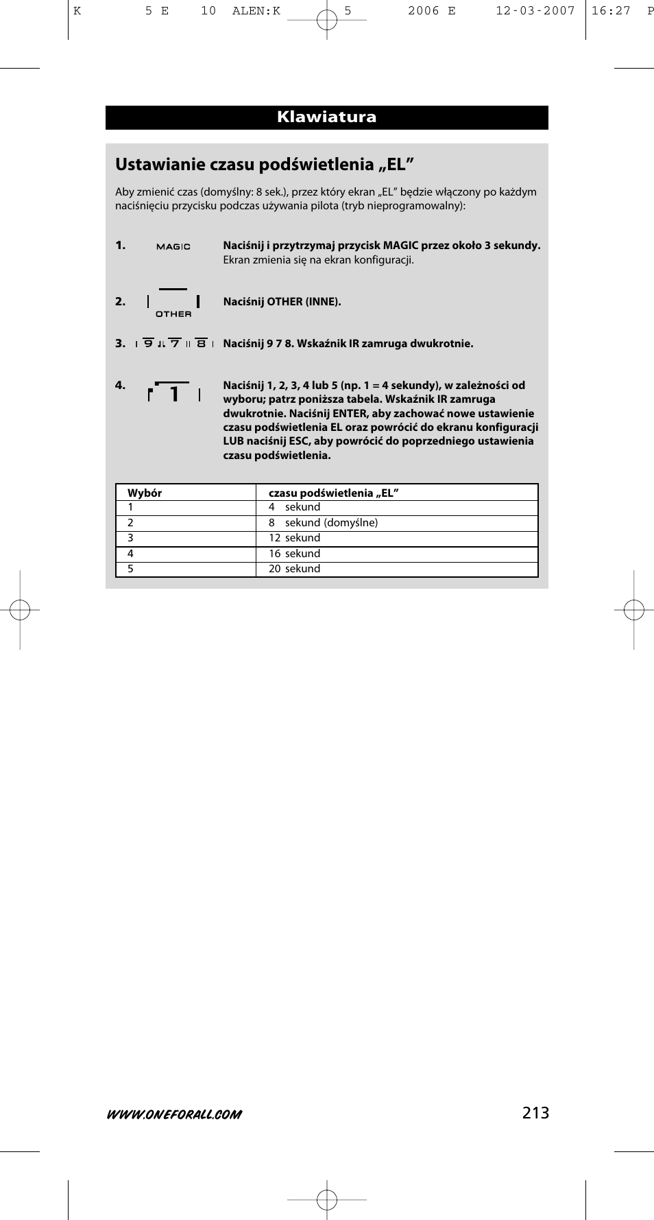 Ustawianie czasu podświetlenia „el, 213 klawiatura | One for All KAMELEON 5 User Manual | Page 214 / 293