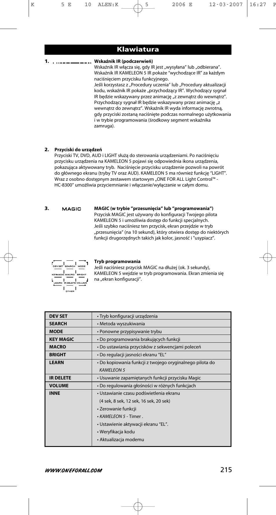 Klawiatura | One for All KAMELEON 5 User Manual | Page 216 / 293