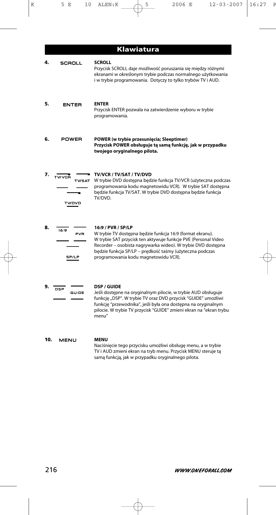 Klawiatura | One for All KAMELEON 5 User Manual | Page 217 / 293