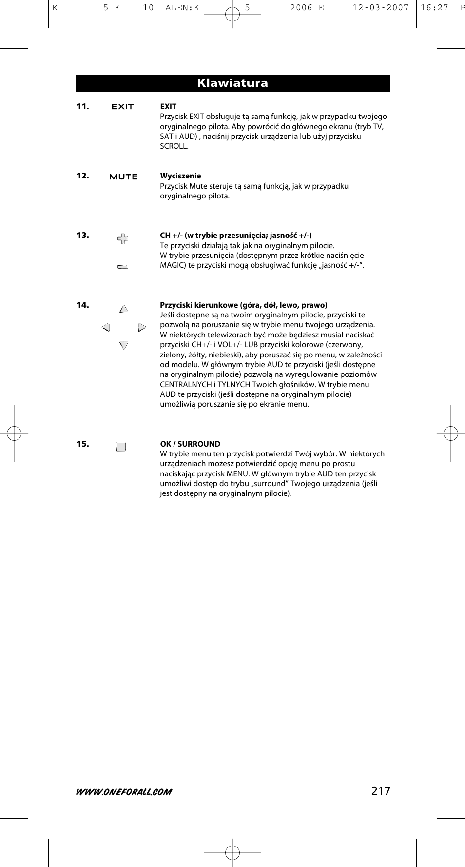 217 klawiatura | One for All KAMELEON 5 User Manual | Page 218 / 293