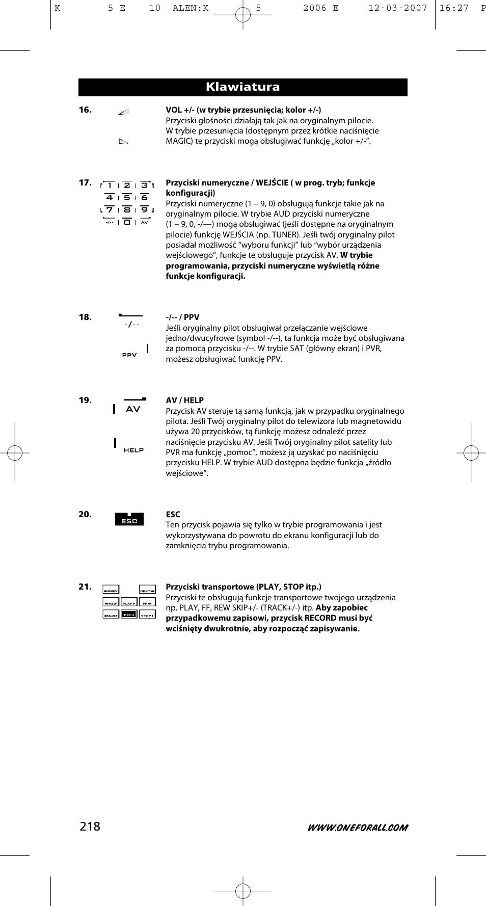 Klawiatura | One for All KAMELEON 5 User Manual | Page 219 / 293