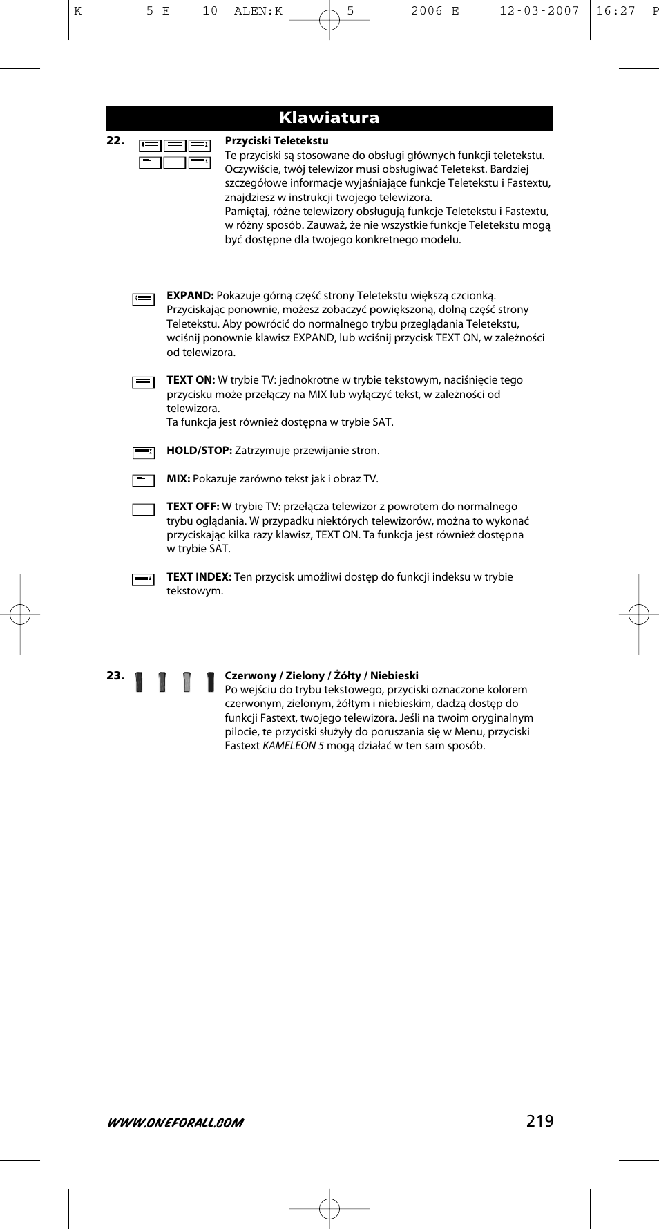 Klawiatura | One for All KAMELEON 5 User Manual | Page 220 / 293