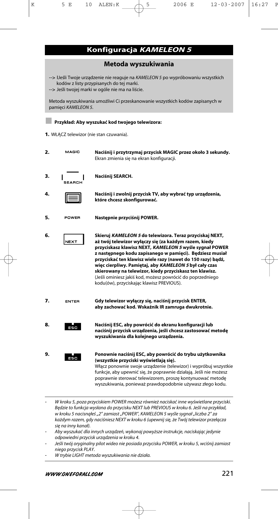 Kameleon 5, 221 metoda wyszukiwania, Konfiguracja | One for All KAMELEON 5 User Manual | Page 222 / 293