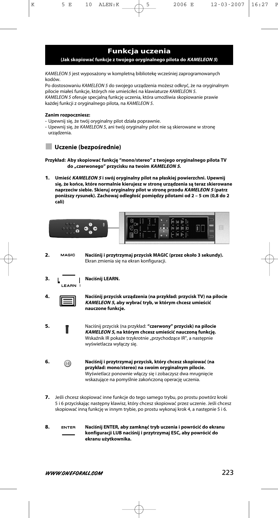 Funkcja uczenia, Uczenie (bezpośrednie) | One for All KAMELEON 5 User Manual | Page 224 / 293