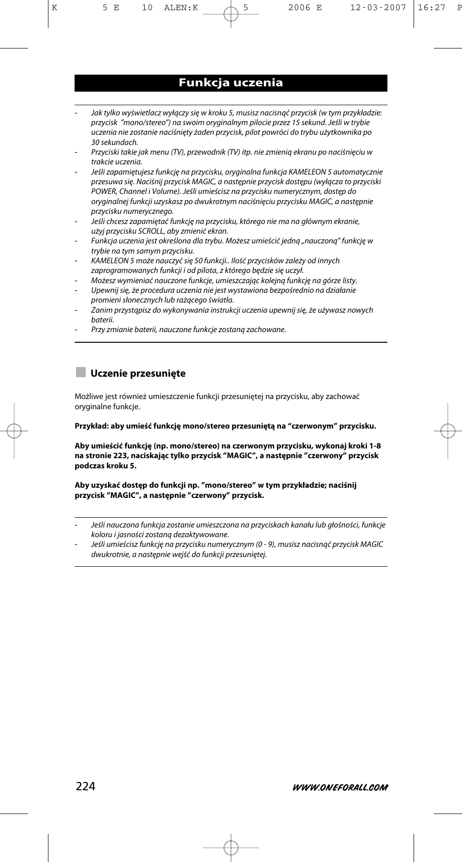 Funkcja uczenia, Uczenie przesunięte | One for All KAMELEON 5 User Manual | Page 225 / 293