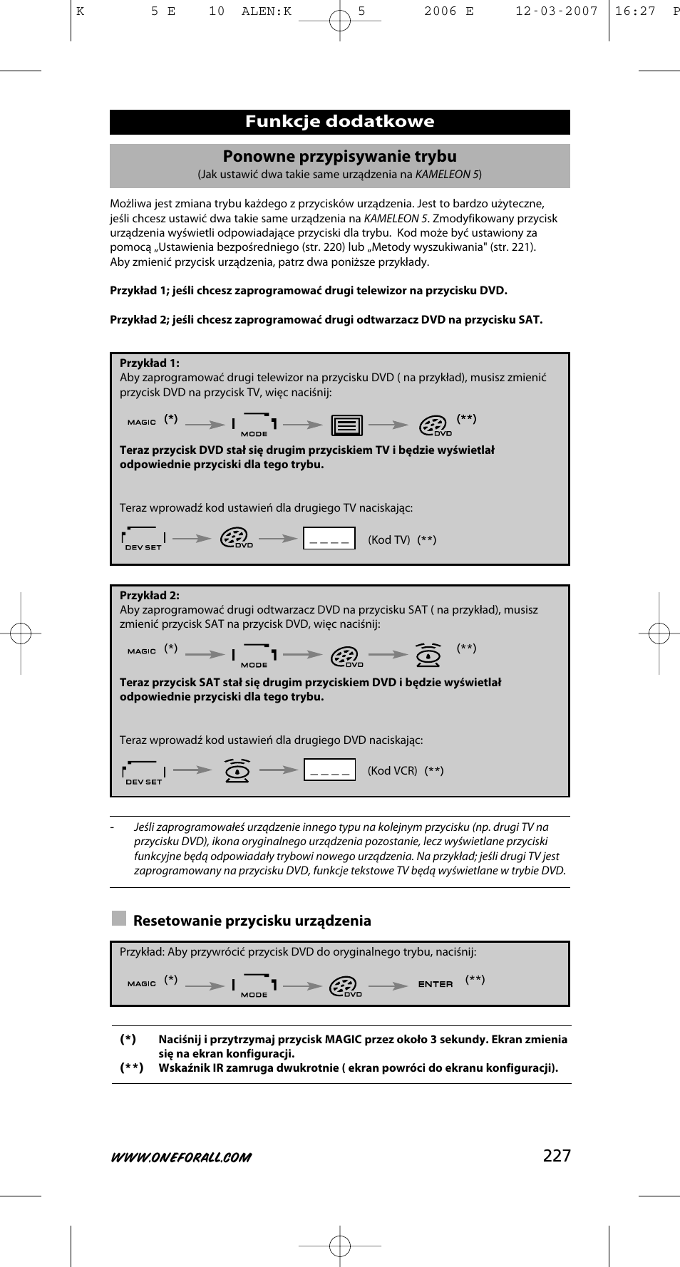 227 ponowne przypisywanie trybu, Funkcje dodatkowe, Resetowanie przycisku urządzenia | One for All KAMELEON 5 User Manual | Page 228 / 293