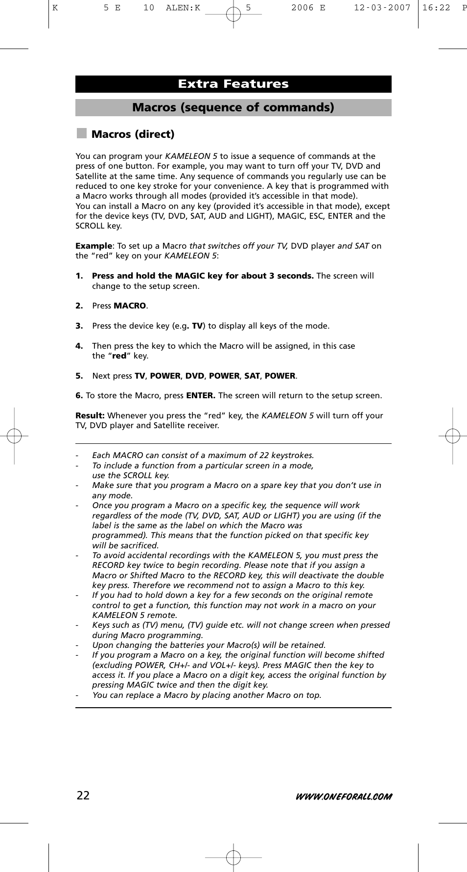 Macros (sequence of commands), Extra features, Macros (direct) | One for All KAMELEON 5 User Manual | Page 23 / 293