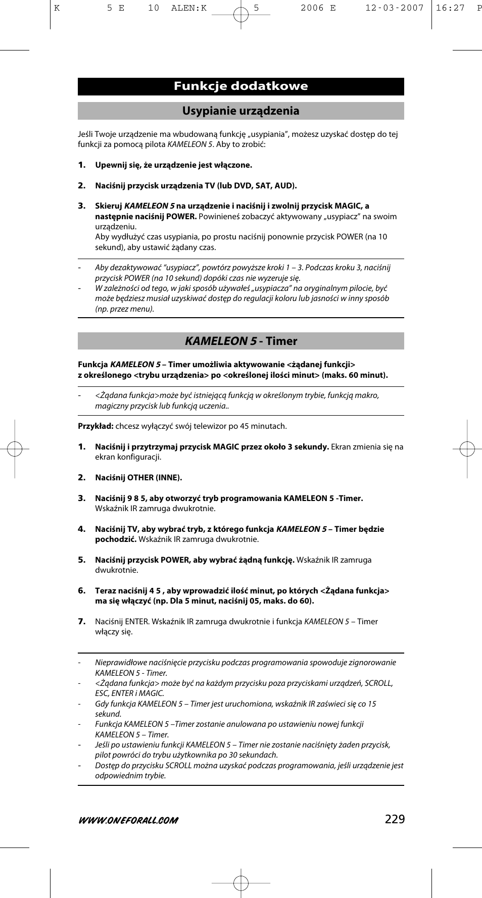 229 usypianie urządzenia, Kameleon 5 - timer, Funkcje dodatkowe | One for All KAMELEON 5 User Manual | Page 230 / 293