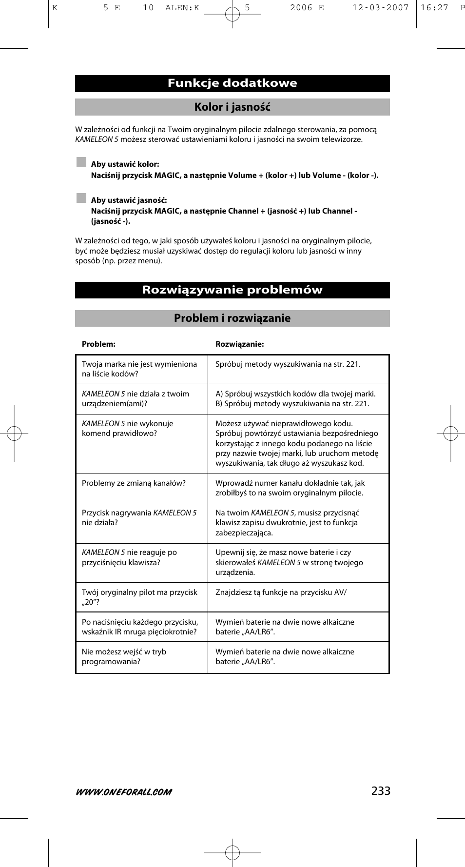 233 kolor i jasność | One for All KAMELEON 5 User Manual | Page 234 / 293