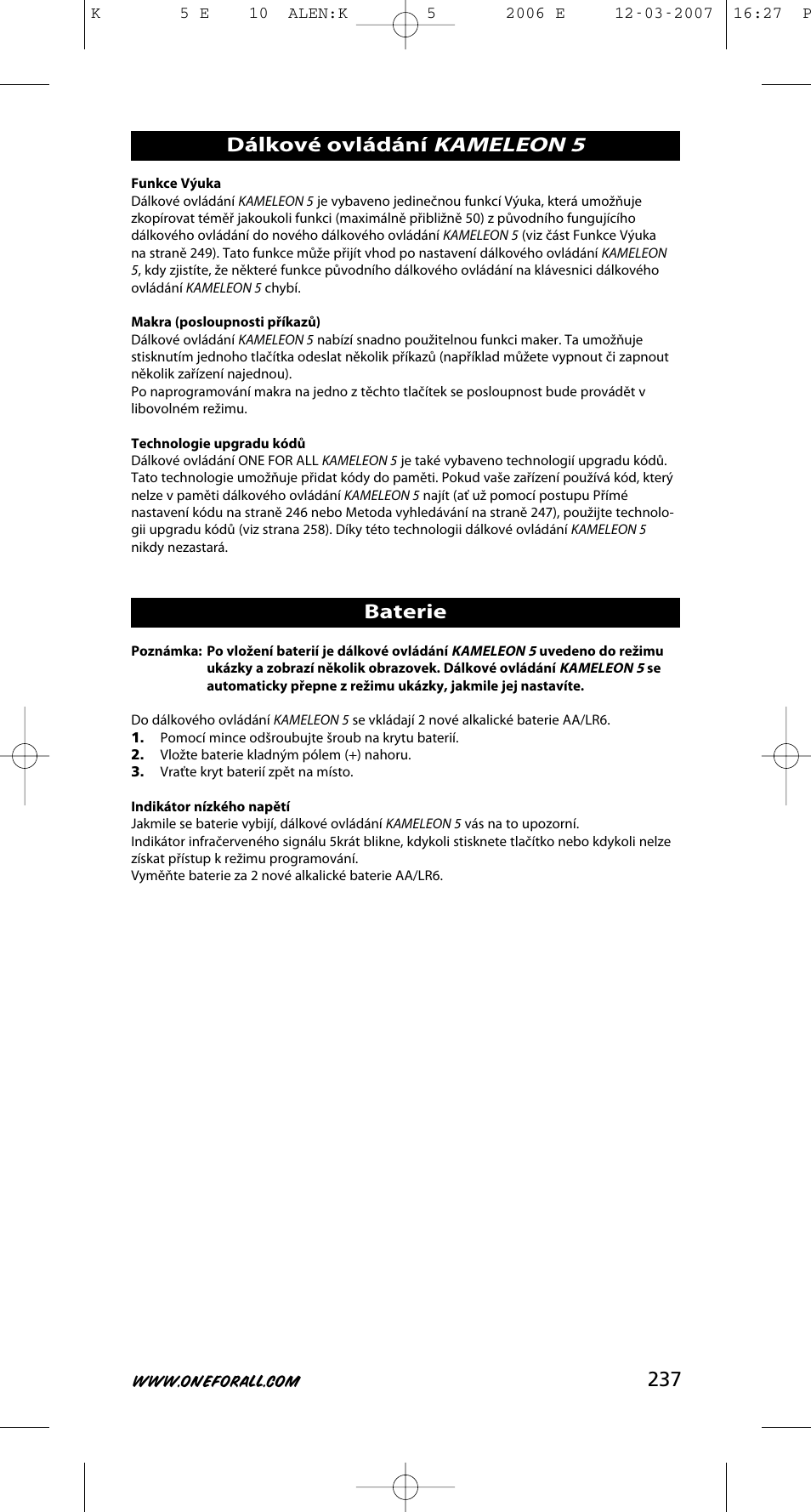 Kameleon 5, Dálkové ovládání, Baterie | One for All KAMELEON 5 User Manual | Page 238 / 293