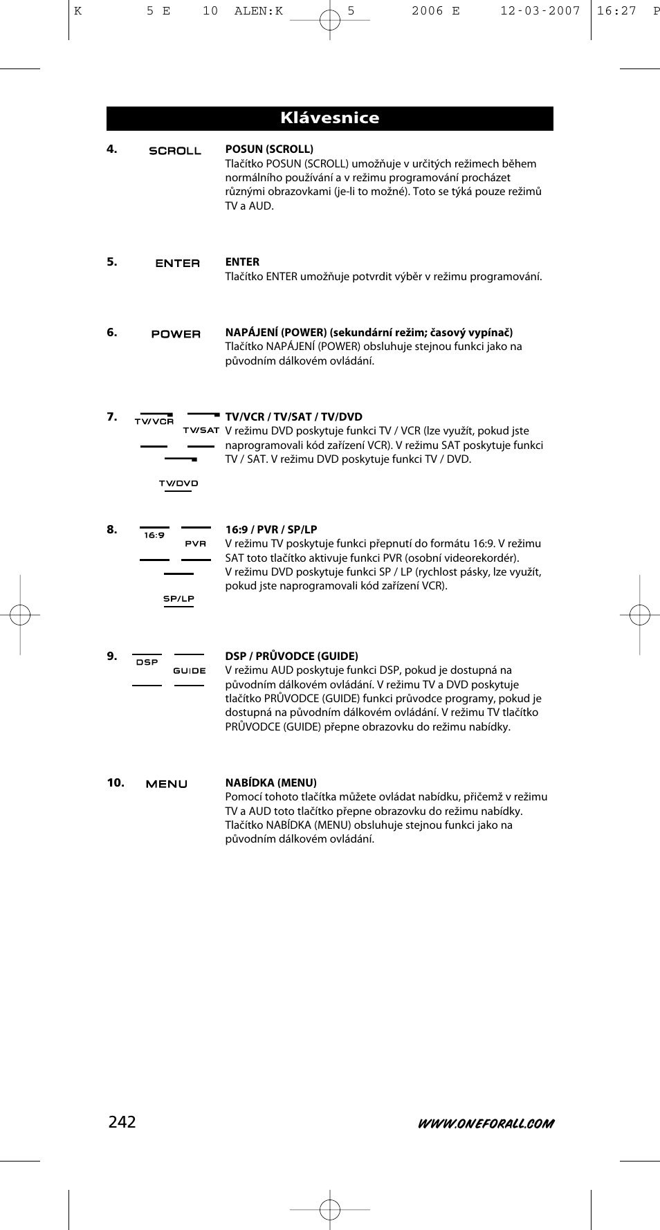 Klávesnice | One for All KAMELEON 5 User Manual | Page 243 / 293