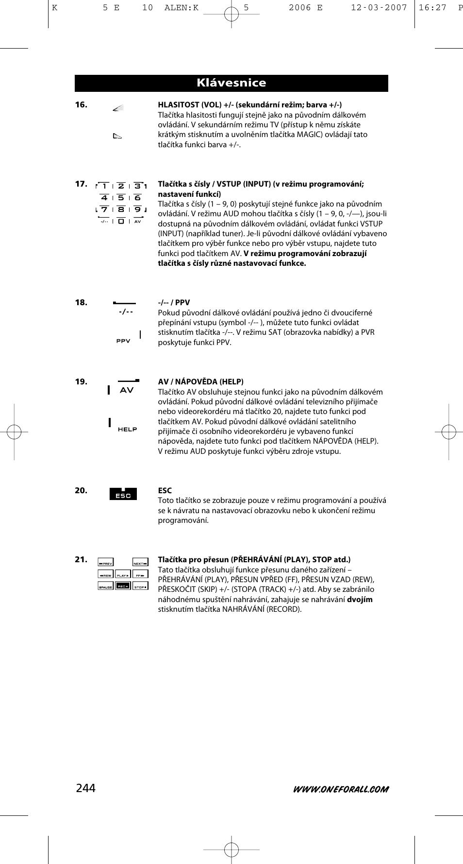 Klávesnice | One for All KAMELEON 5 User Manual | Page 245 / 293