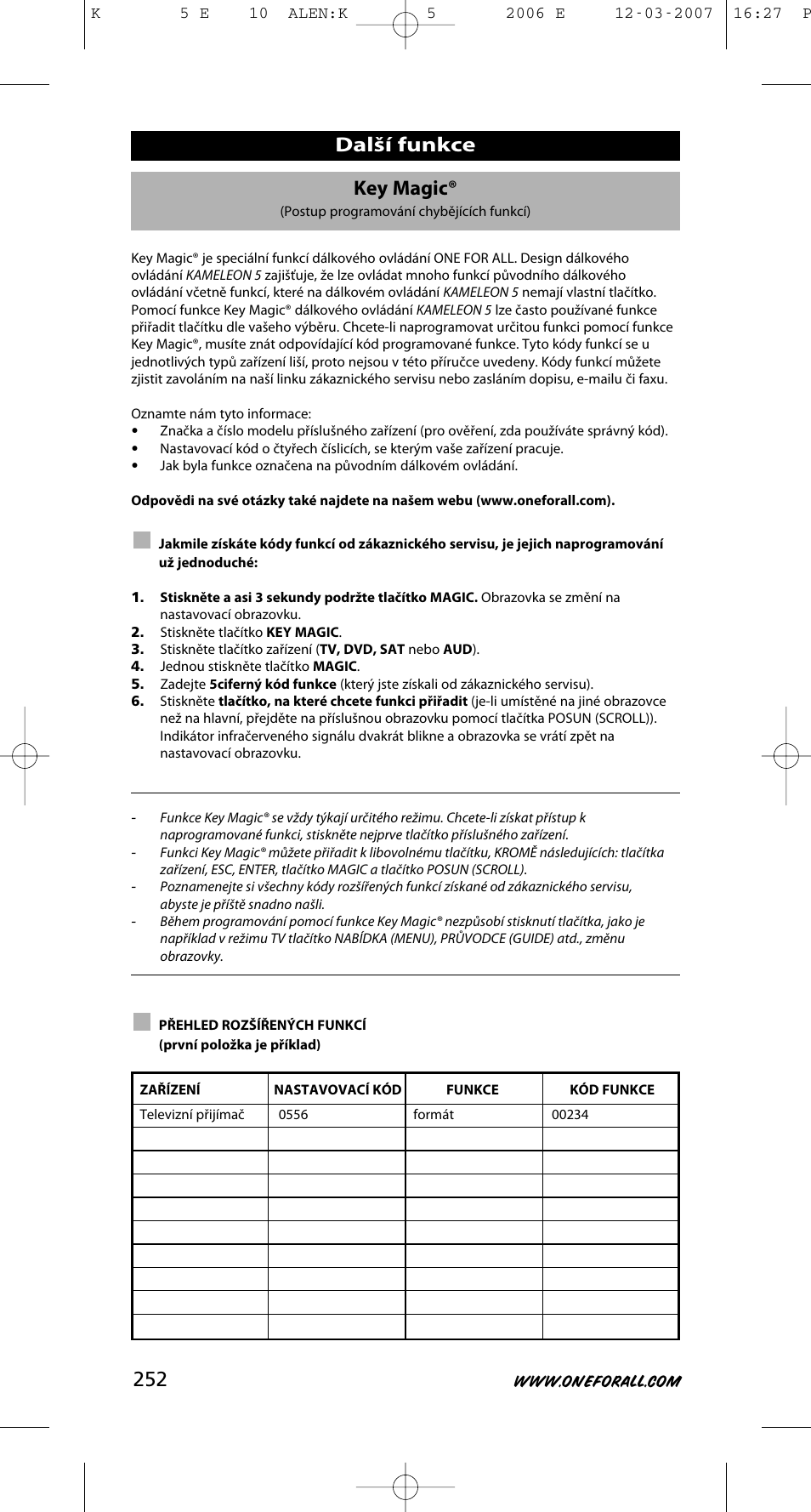 Key magic, Další funkce | One for All KAMELEON 5 User Manual | Page 253 / 293