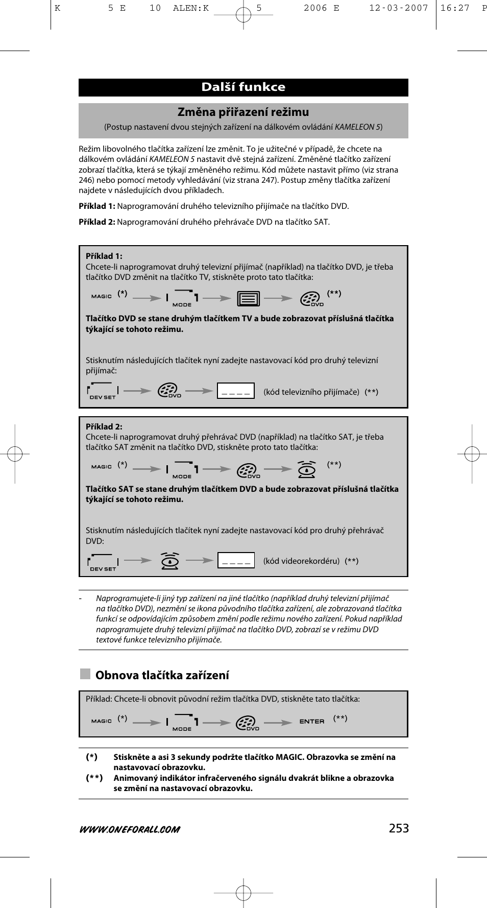 253 změna přiřazení režimu, Obnova tlačítka zařízení, Další funkce | One for All KAMELEON 5 User Manual | Page 254 / 293