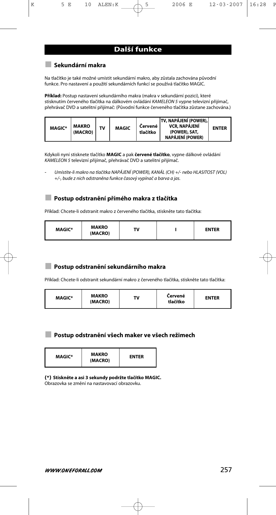 Další funkce, Sekundární makra, Postup odstranění přímého makra z tlačítka | Postup odstranění sekundárního makra, Postup odstranění všech maker ve všech režimech | One for All KAMELEON 5 User Manual | Page 258 / 293