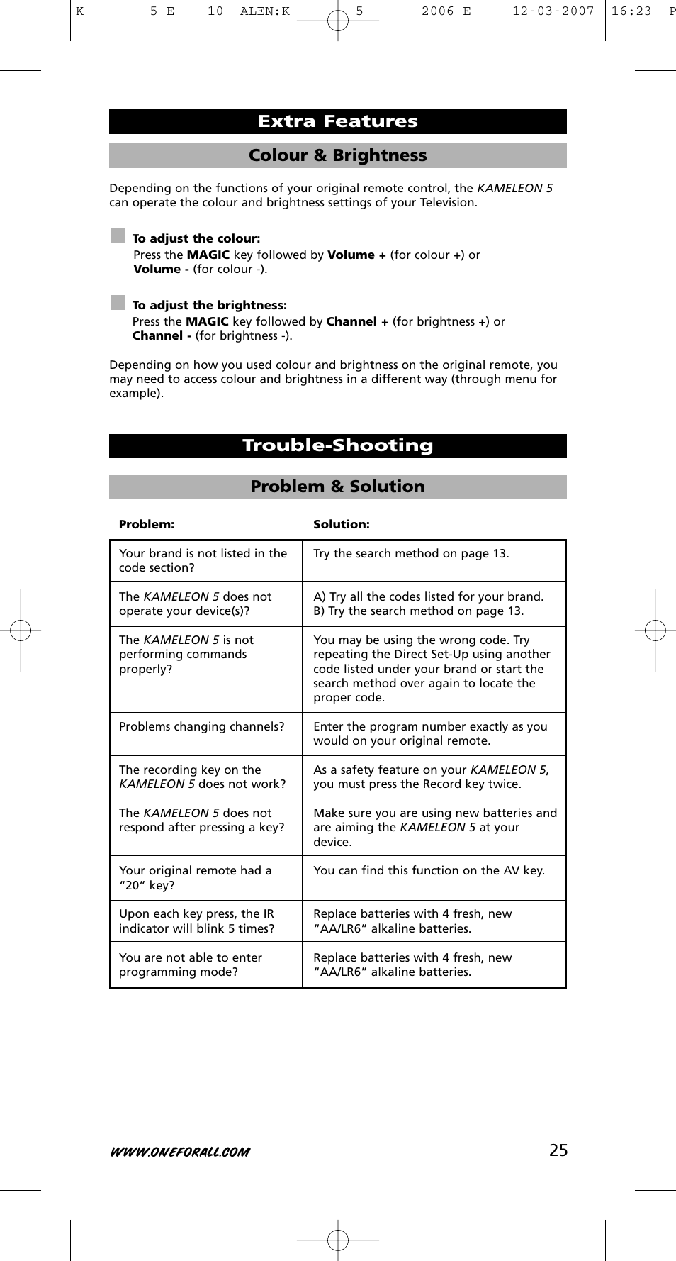 25 colour & brightness, Extra features trouble-shooting problem & solution | One for All KAMELEON 5 User Manual | Page 26 / 293