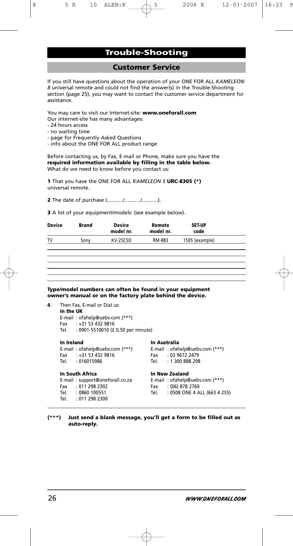 Customer service, Trouble-shooting | One for All KAMELEON 5 User Manual | Page 27 / 293