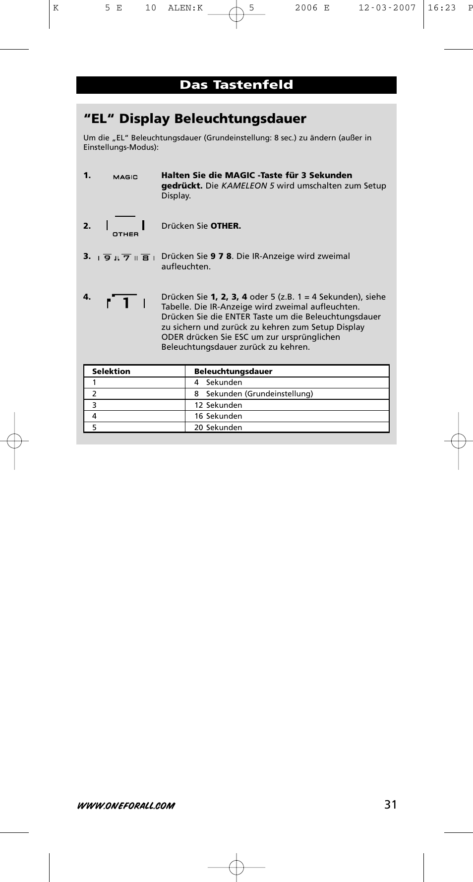 El“ display beleuchtungsdauer, 31 das tastenfeld | One for All KAMELEON 5 User Manual | Page 32 / 293