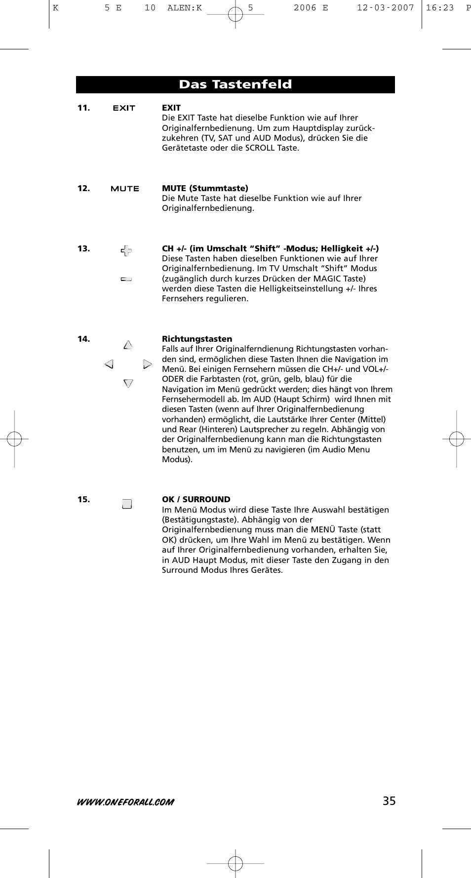 35 das tastenfeld | One for All KAMELEON 5 User Manual | Page 36 / 293