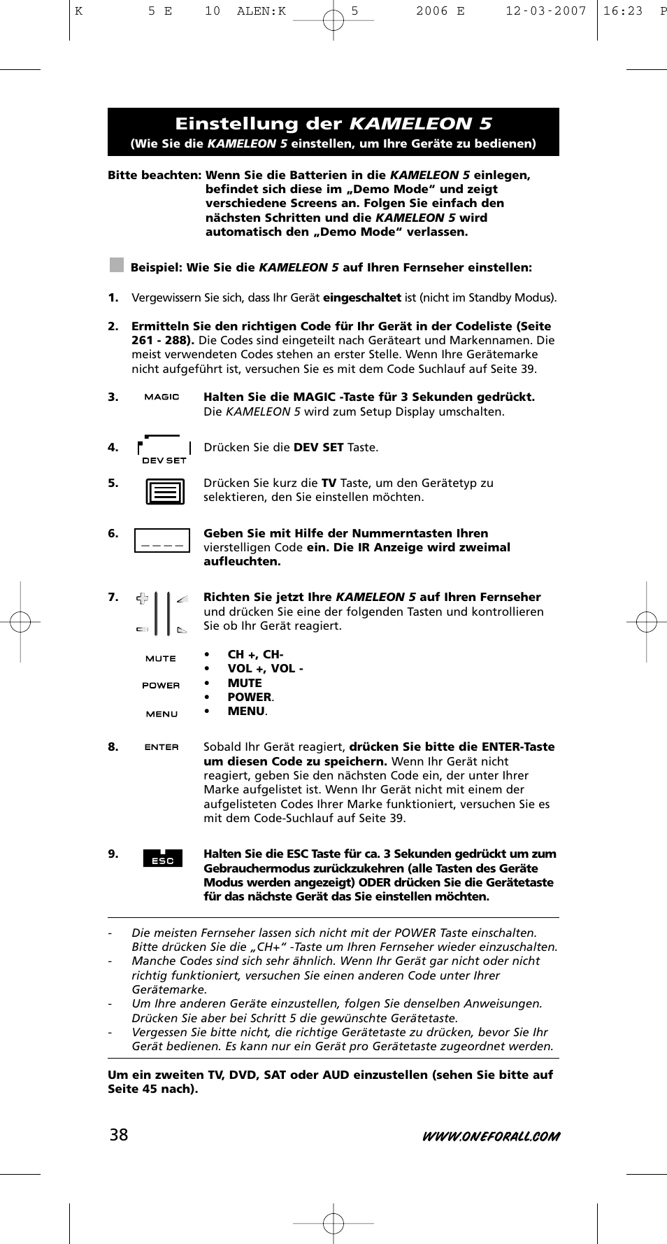 Einstellung der kameleon 5 | One for All KAMELEON 5 User Manual | Page 39 / 293