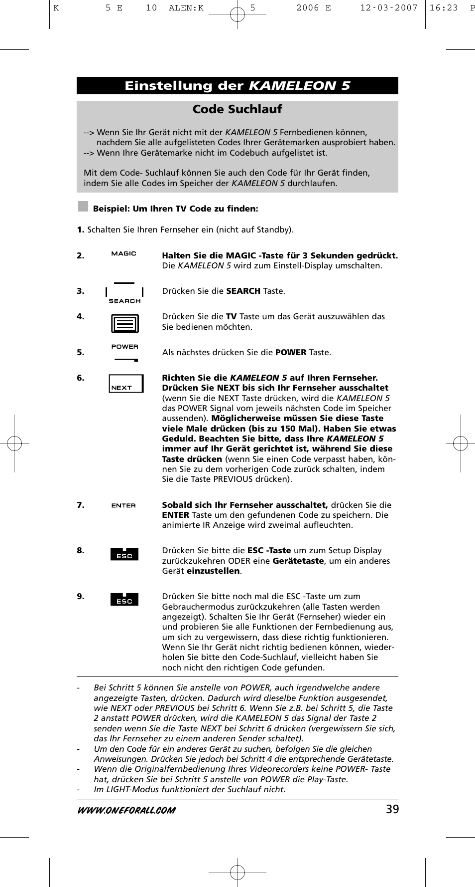 39 code suchlauf, Einstellung der kameleon 5 | One for All KAMELEON 5 User Manual | Page 40 / 293