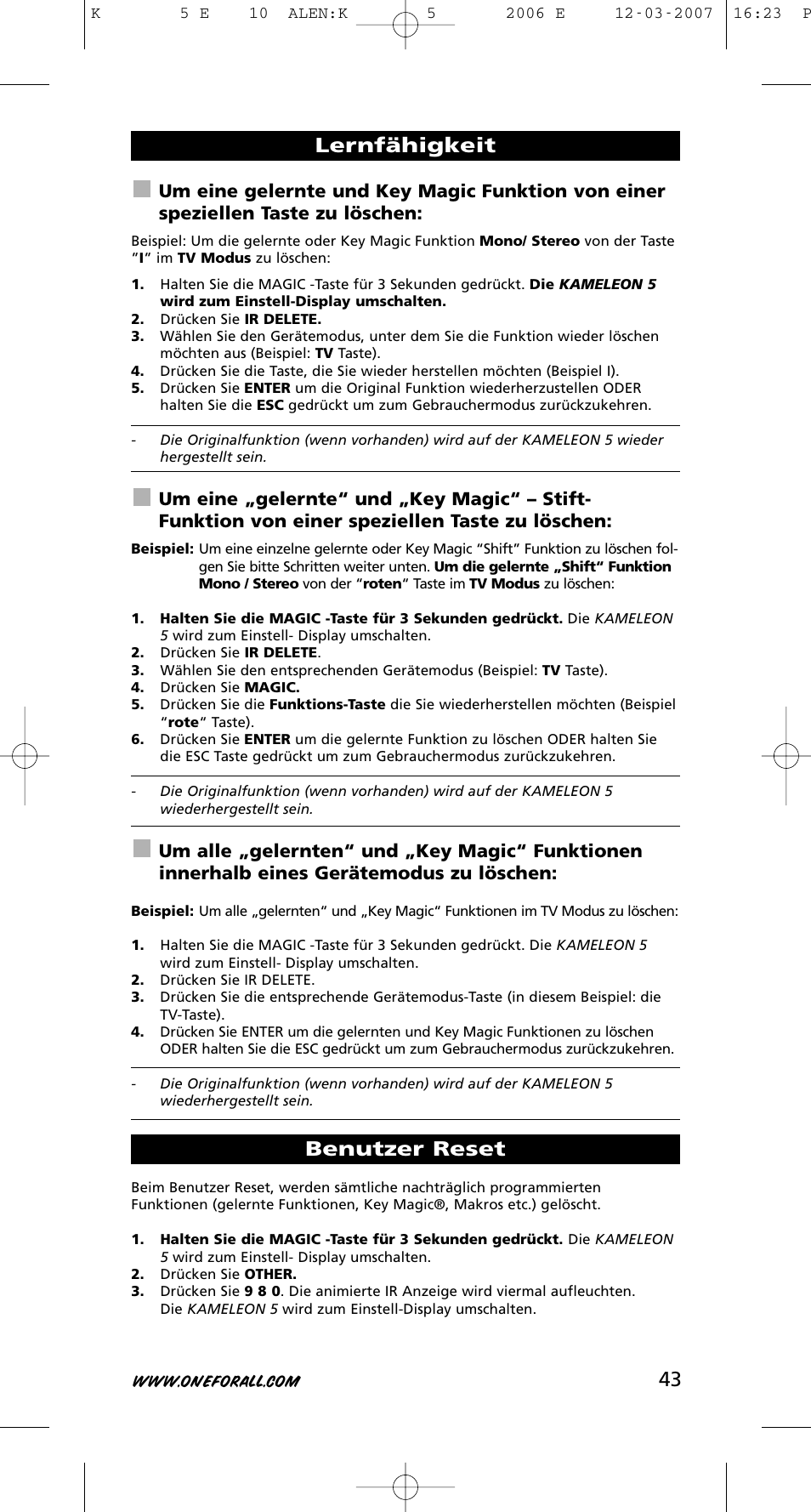 Lernfähigkeit benutzer reset | One for All KAMELEON 5 User Manual | Page 44 / 293