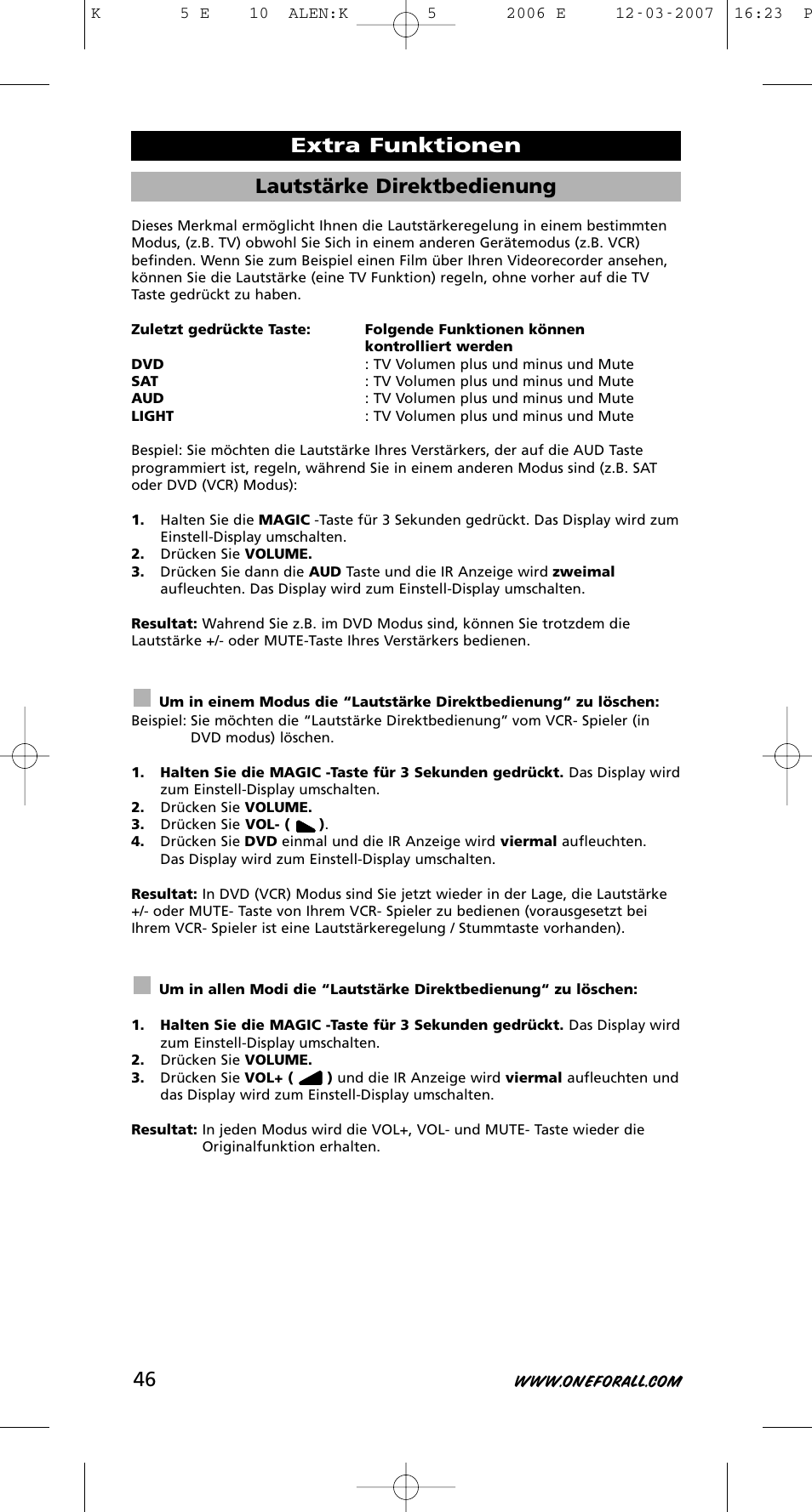 Lautstärke direktbedienung, Extra funktionen | One for All KAMELEON 5 User Manual | Page 47 / 293