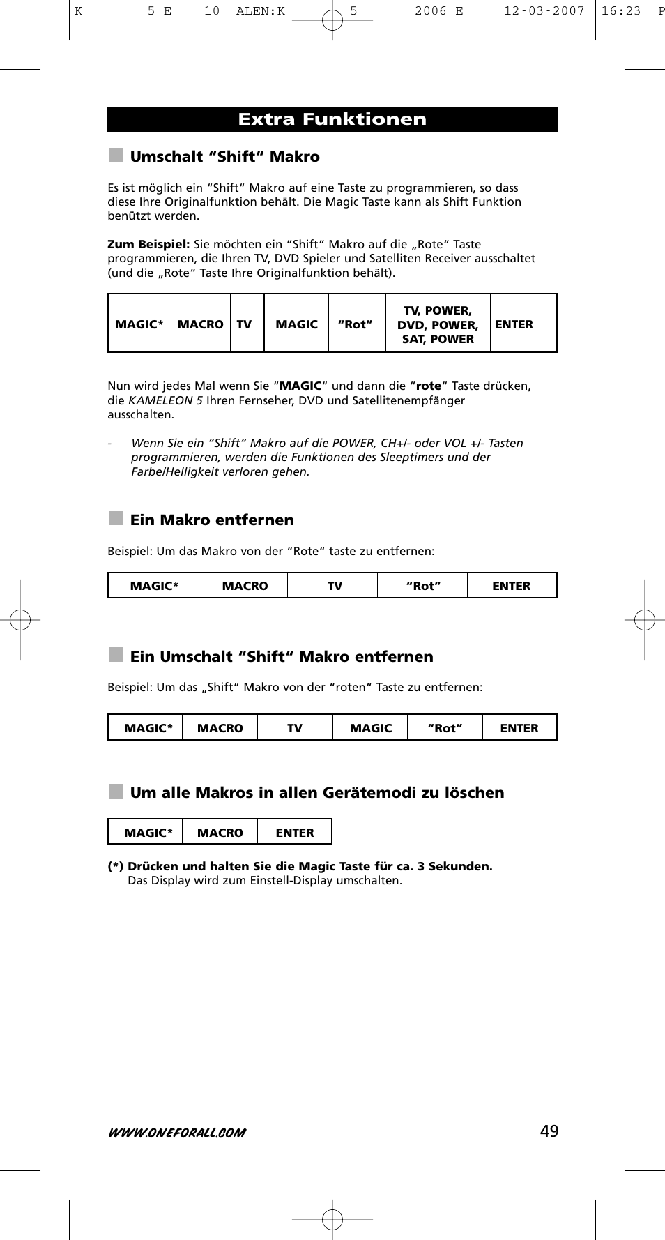 Extra funktionen, Umschalt “shift“ makro, Ein makro entfernen | Ein umschalt “shift“ makro entfernen, Um alle makros in allen gerätemodi zu löschen | One for All KAMELEON 5 User Manual | Page 50 / 293