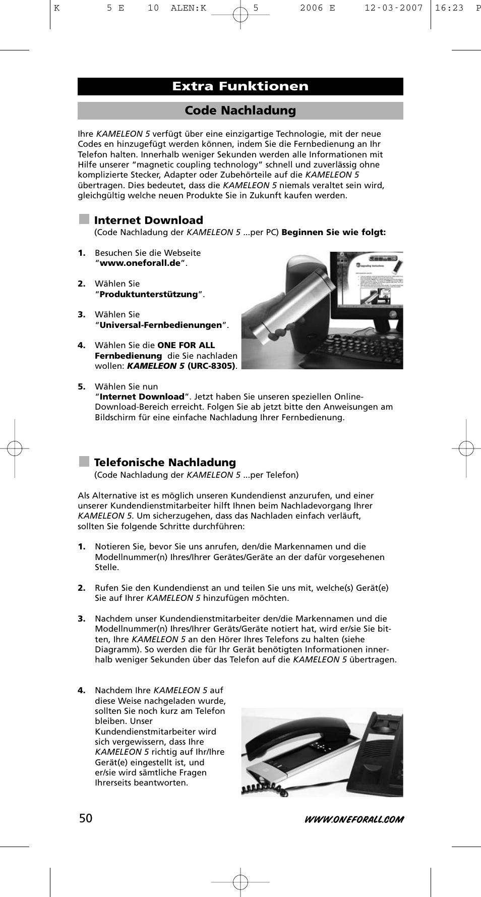 Code nachladung, Extra funktionen, Internet download | Telefonische nachladung | One for All KAMELEON 5 User Manual | Page 51 / 293