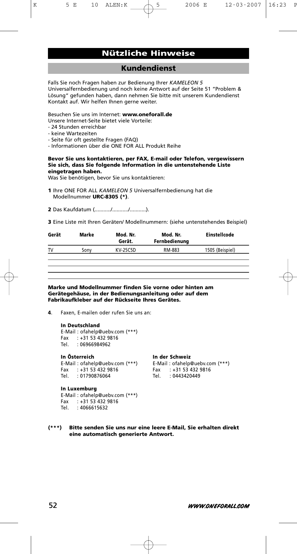 Kundendienst, Nützliche hinweise 52 | One for All KAMELEON 5 User Manual | Page 53 / 293