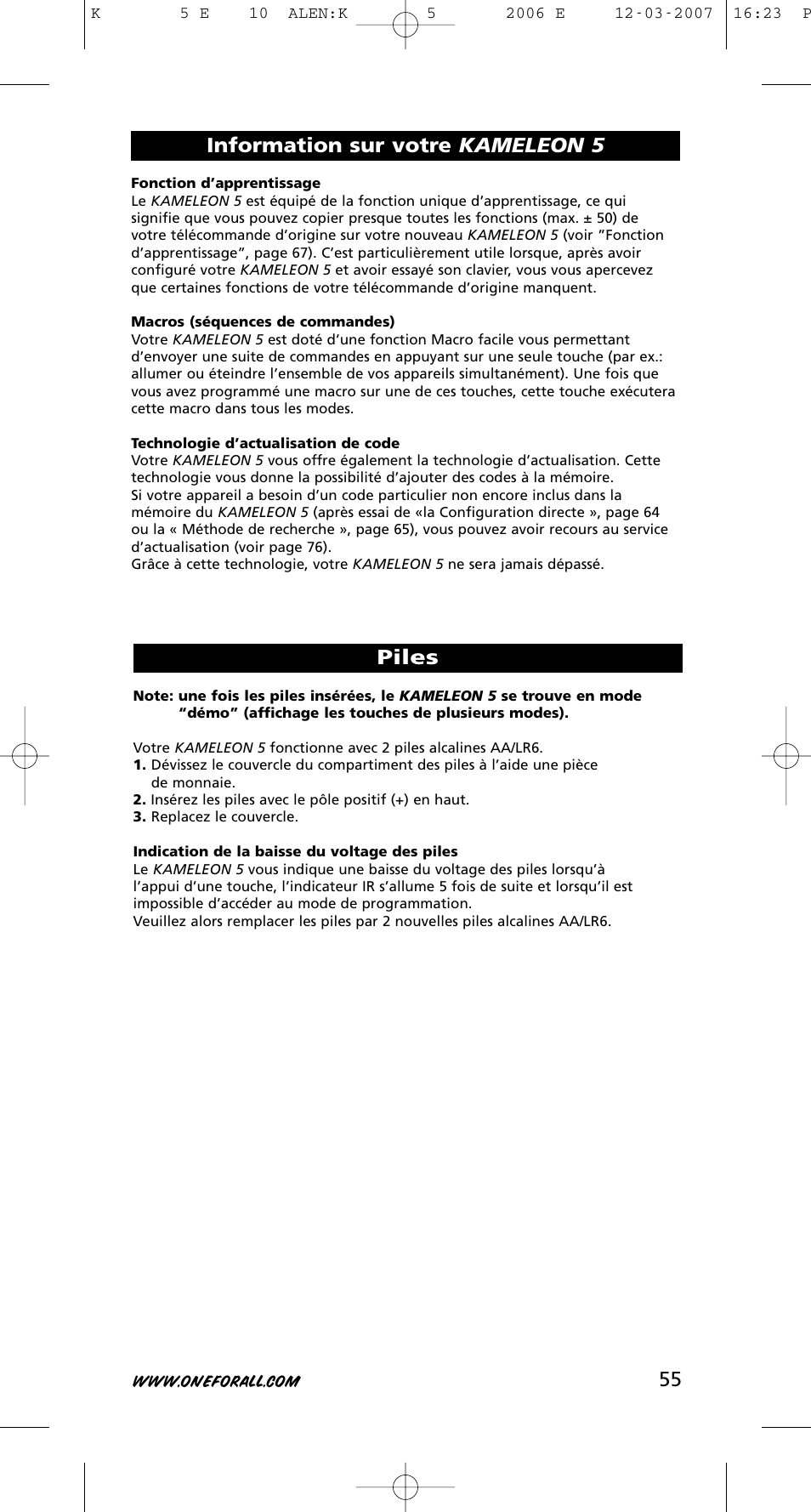 55 information sur votre kameleon 5, Piles | One for All KAMELEON 5 User Manual | Page 56 / 293