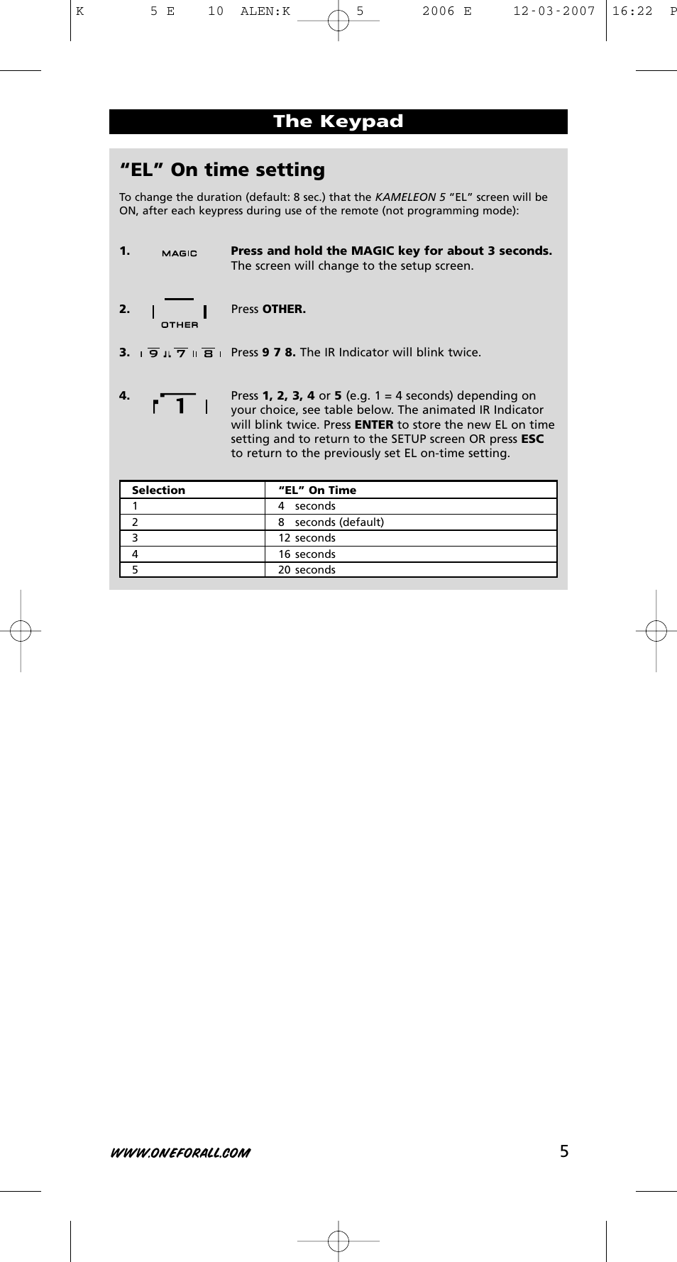 El” on time setting, 5the keypad | One for All KAMELEON 5 User Manual | Page 6 / 293