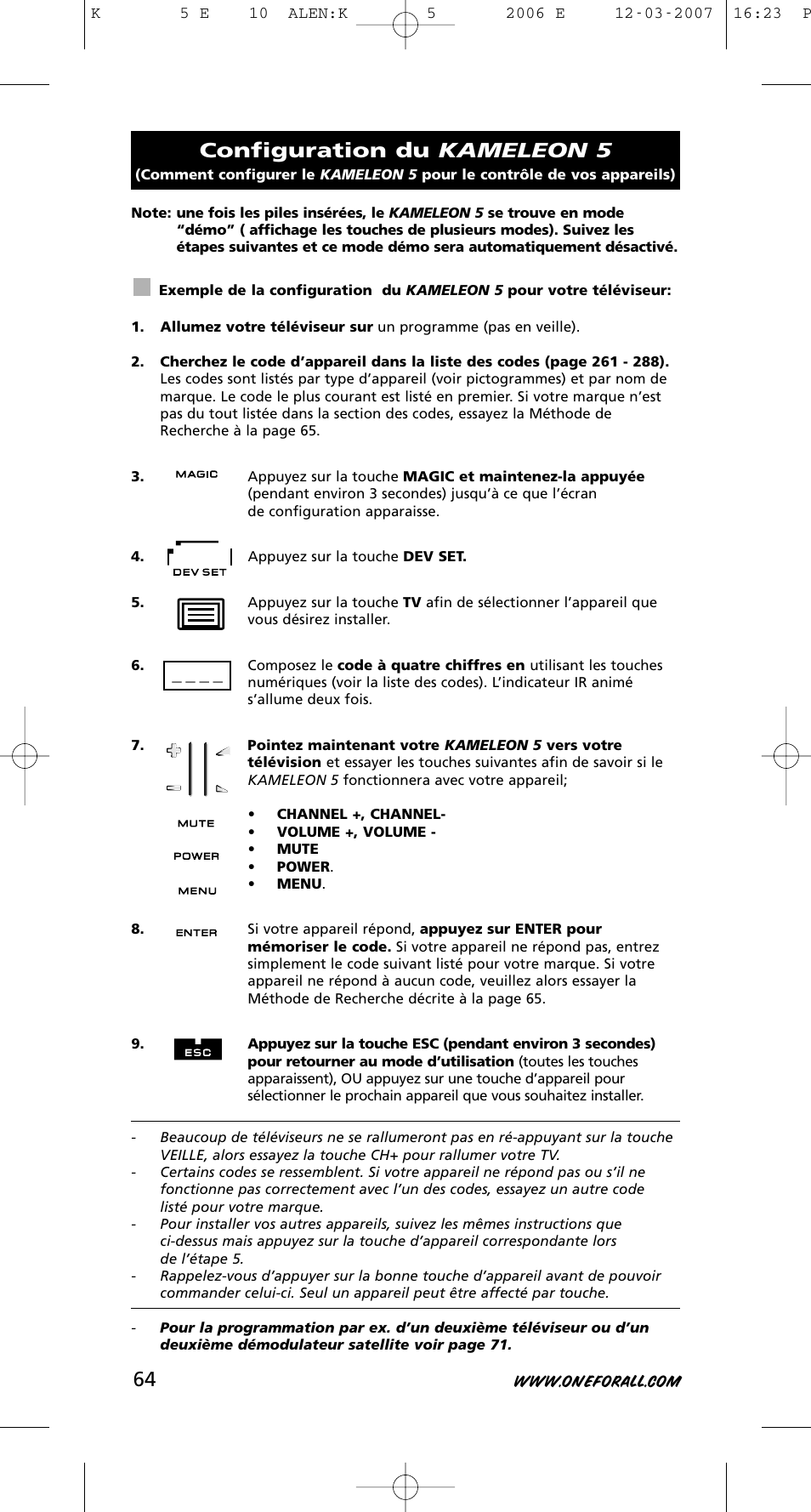 Configuration du kameleon 5 | One for All KAMELEON 5 User Manual | Page 65 / 293