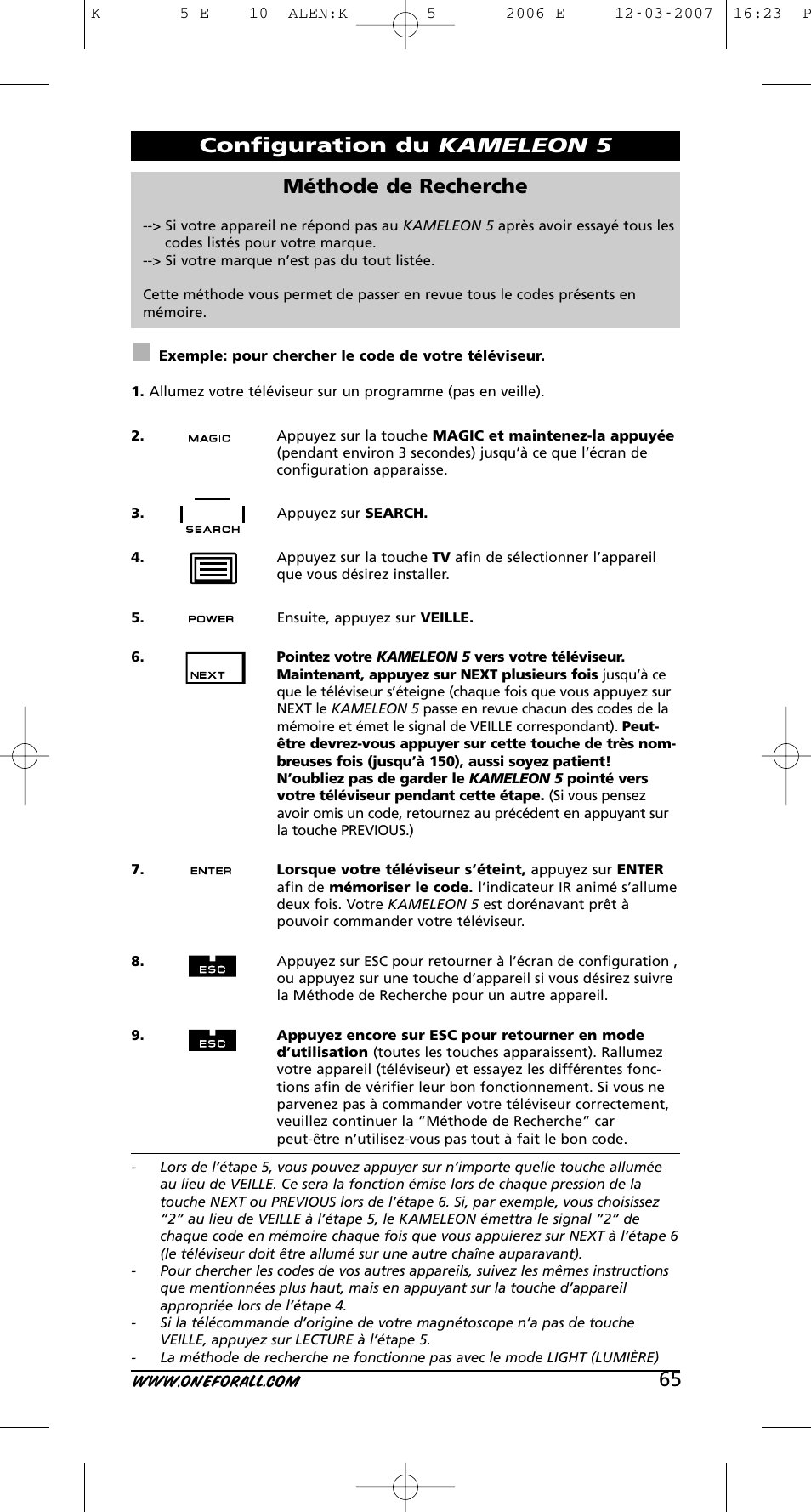 65 méthode de recherche, Configuration du kameleon 5 | One for All KAMELEON 5 User Manual | Page 66 / 293