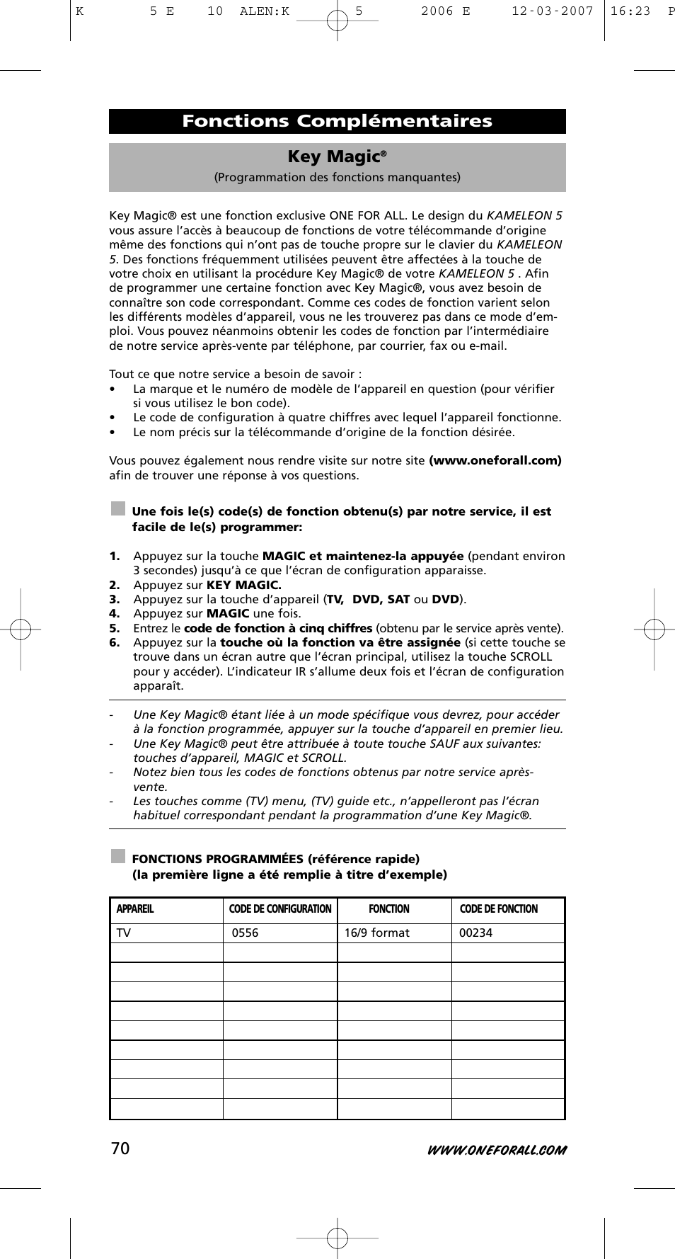 Key magic, Fonctions complémentaires | One for All KAMELEON 5 User Manual | Page 71 / 293