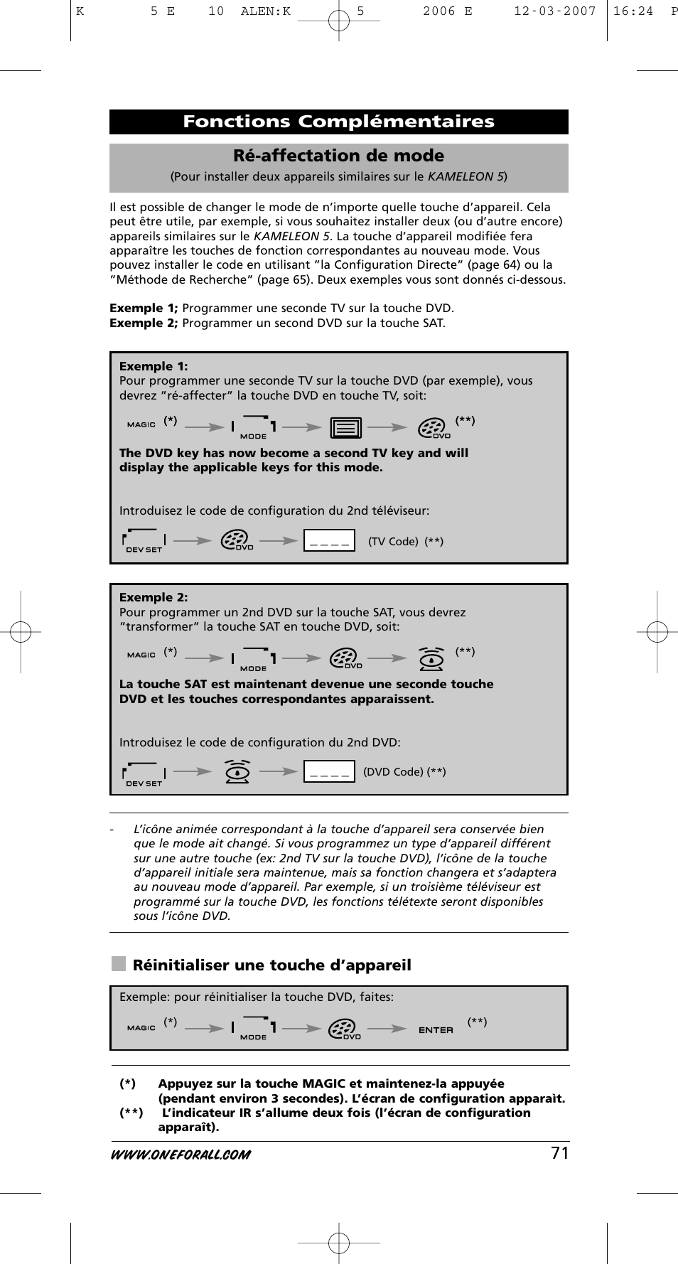 71 ré-affectation de mode, Fonctions complémentaires, Réinitialiser une touche d’appareil | One for All KAMELEON 5 User Manual | Page 72 / 293